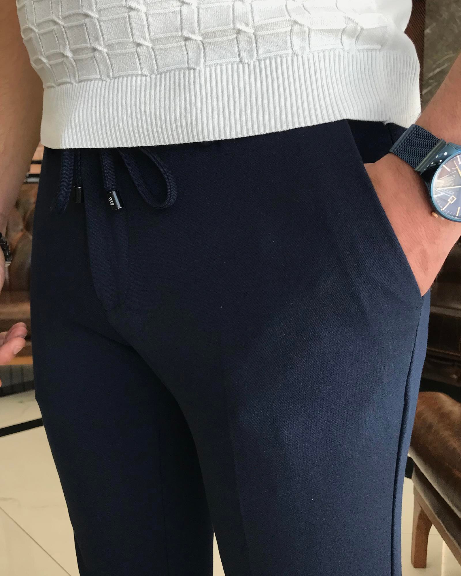 italyan kesim slim fit erkek beli lastikli pantolon lacivert T9138