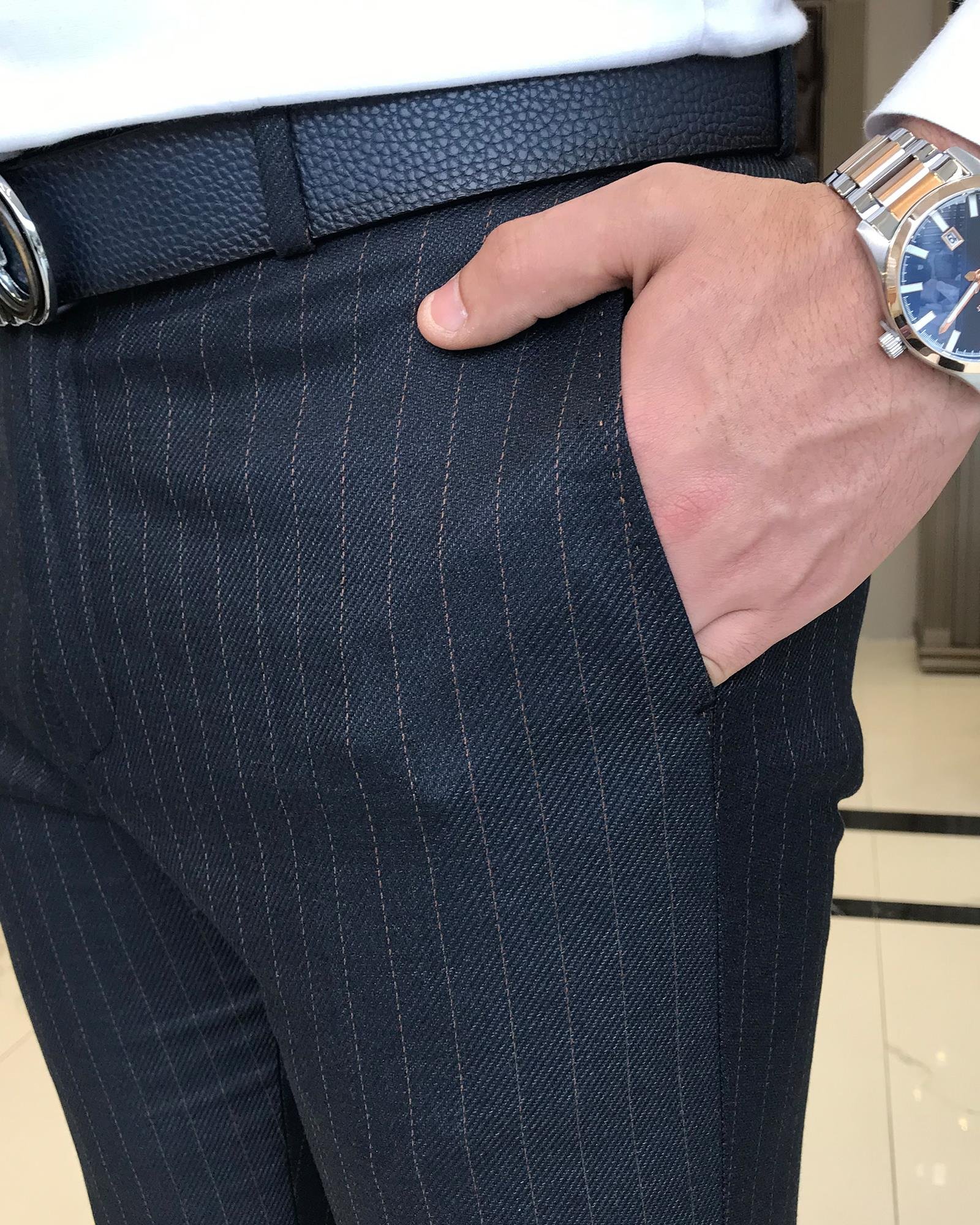 italyan kesim slim fit erkek çizgili pantolon lacivert T9149
