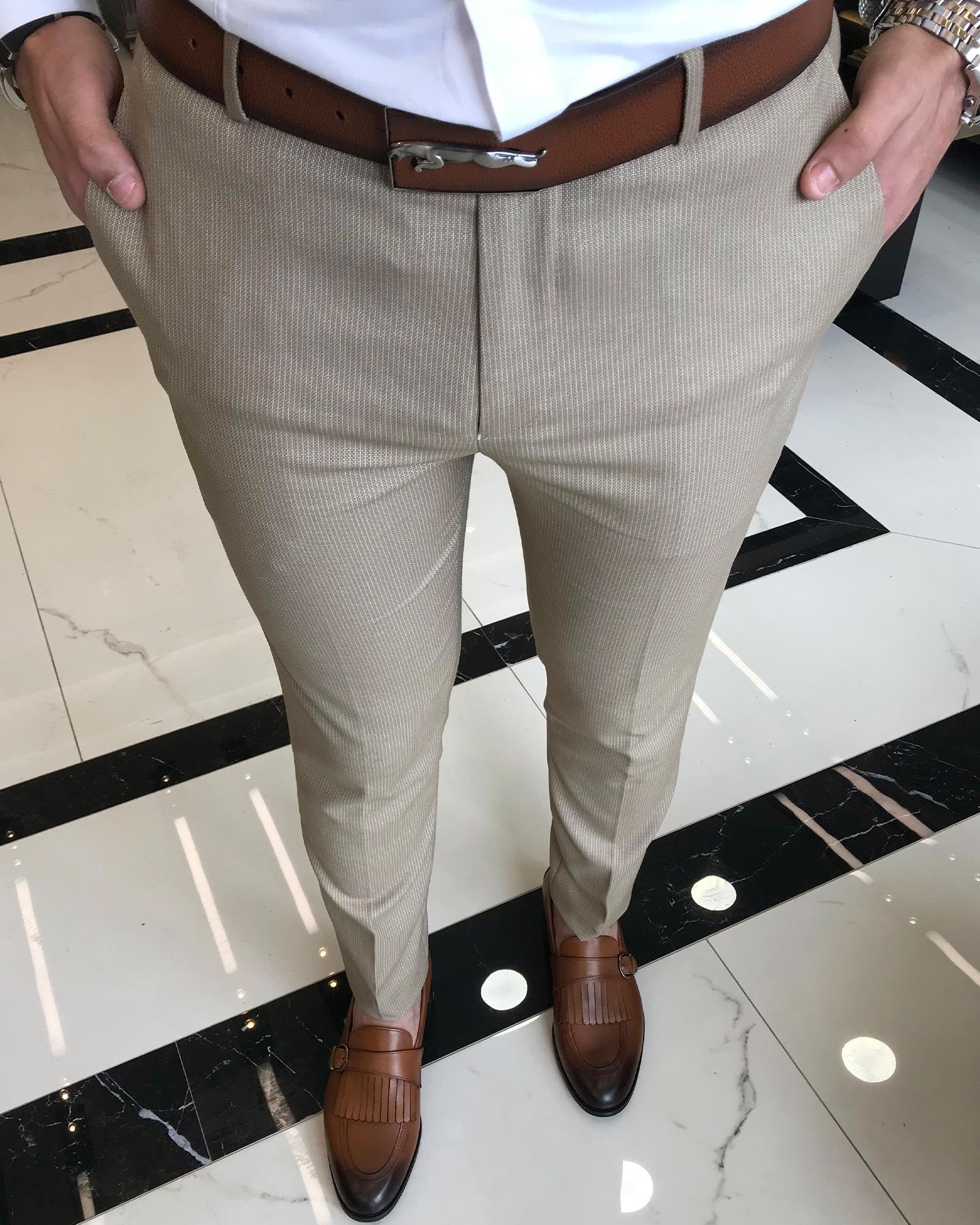 italyan kesim slim fit erkek çizgili pantolon camel T9450