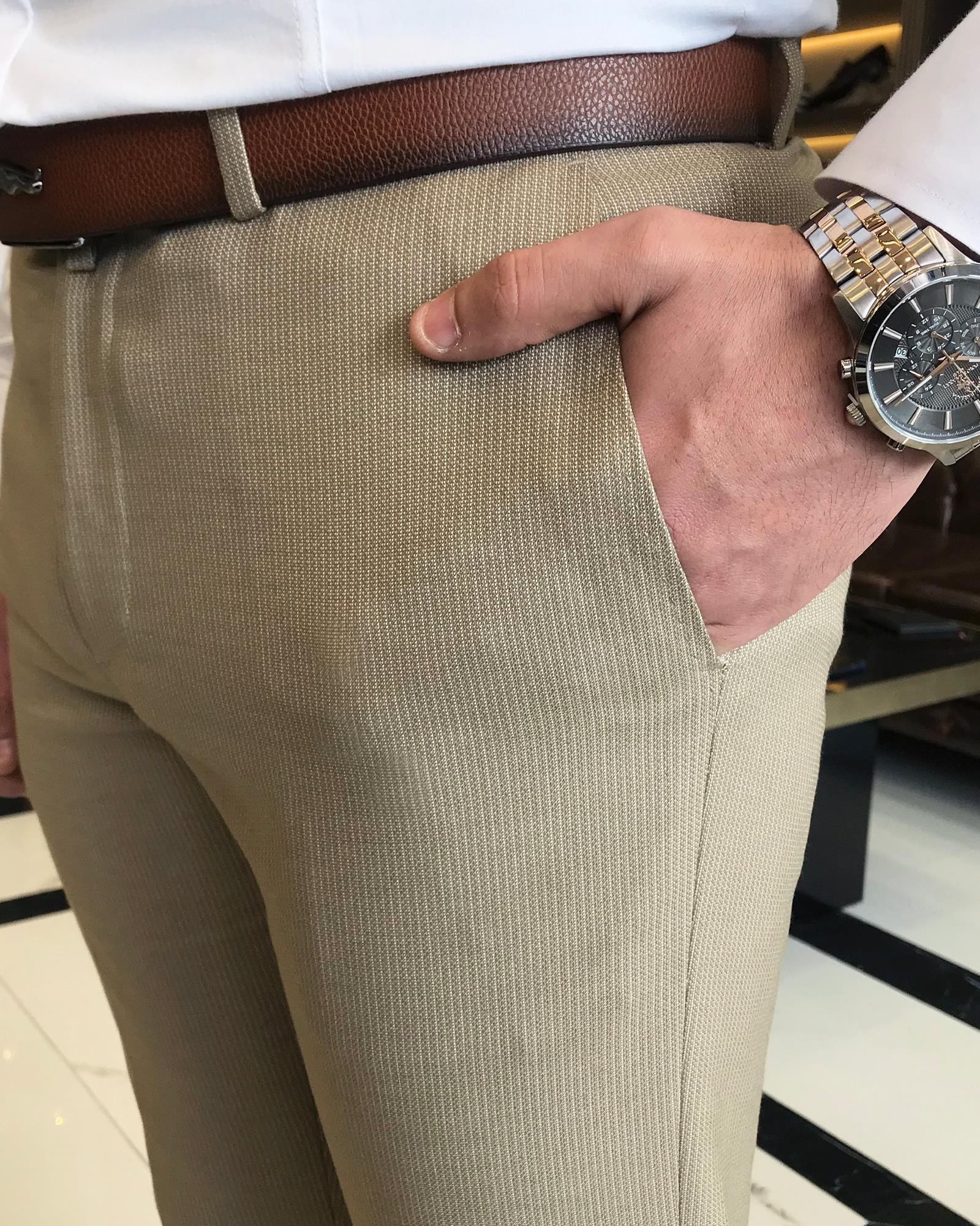 italyan kesim slim fit erkek çizgili pantolon camel T9450