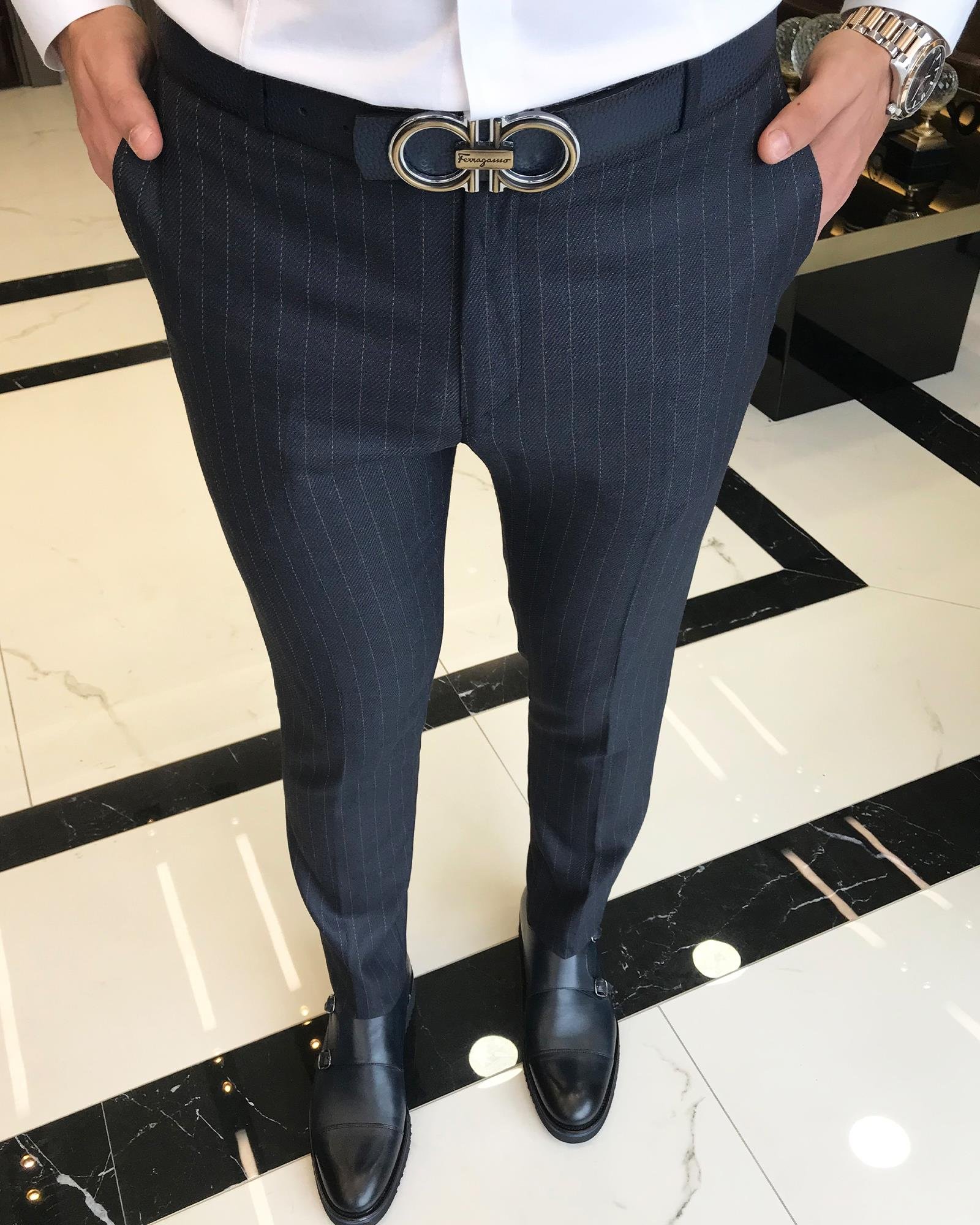 italyan kesim slim fit erkek çizgili pantolon lacivert T9149