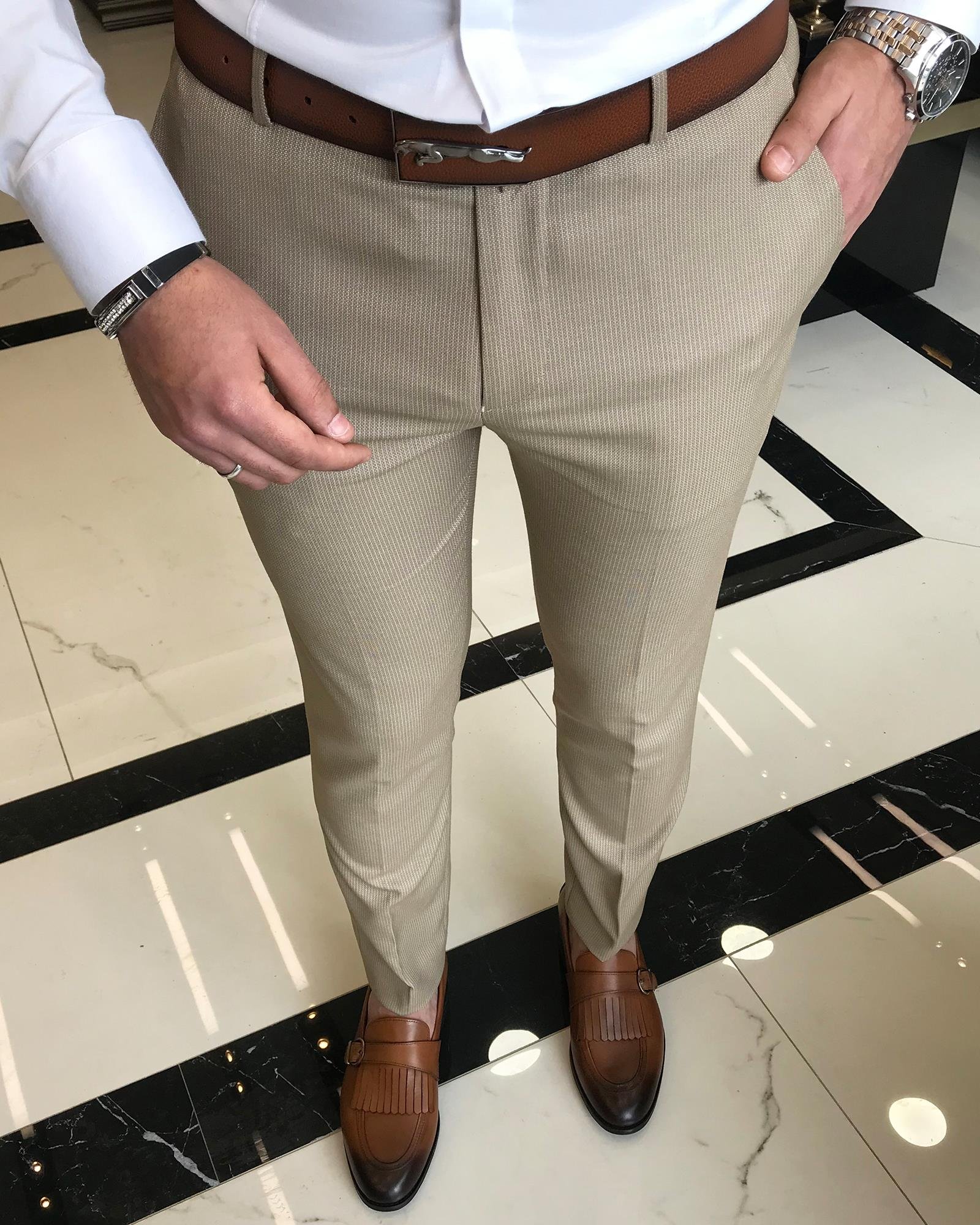 italyan kesim slim fit erkek çizgili pantolon camel T9450