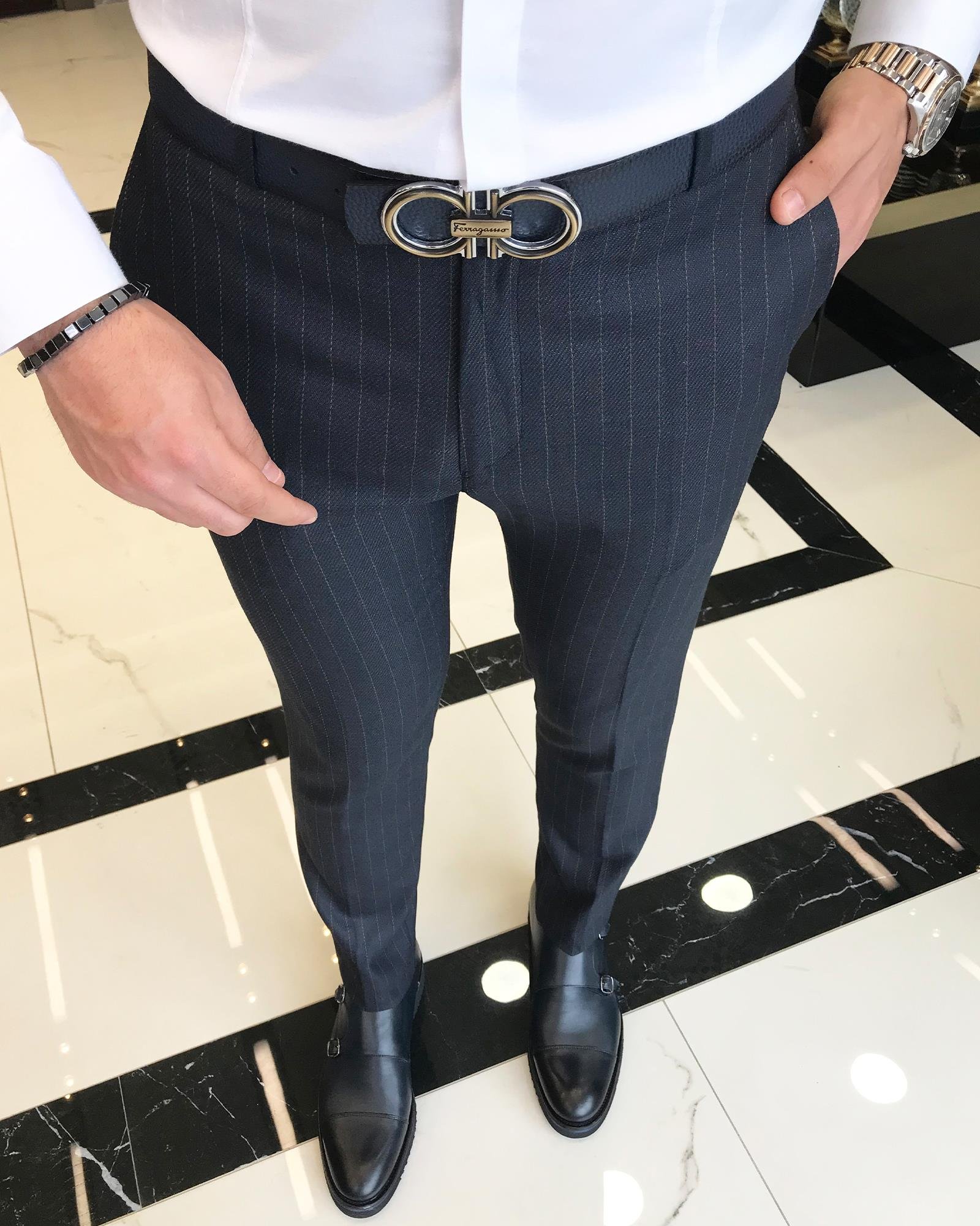 italyan kesim slim fit erkek çizgili pantolon lacivert T9149