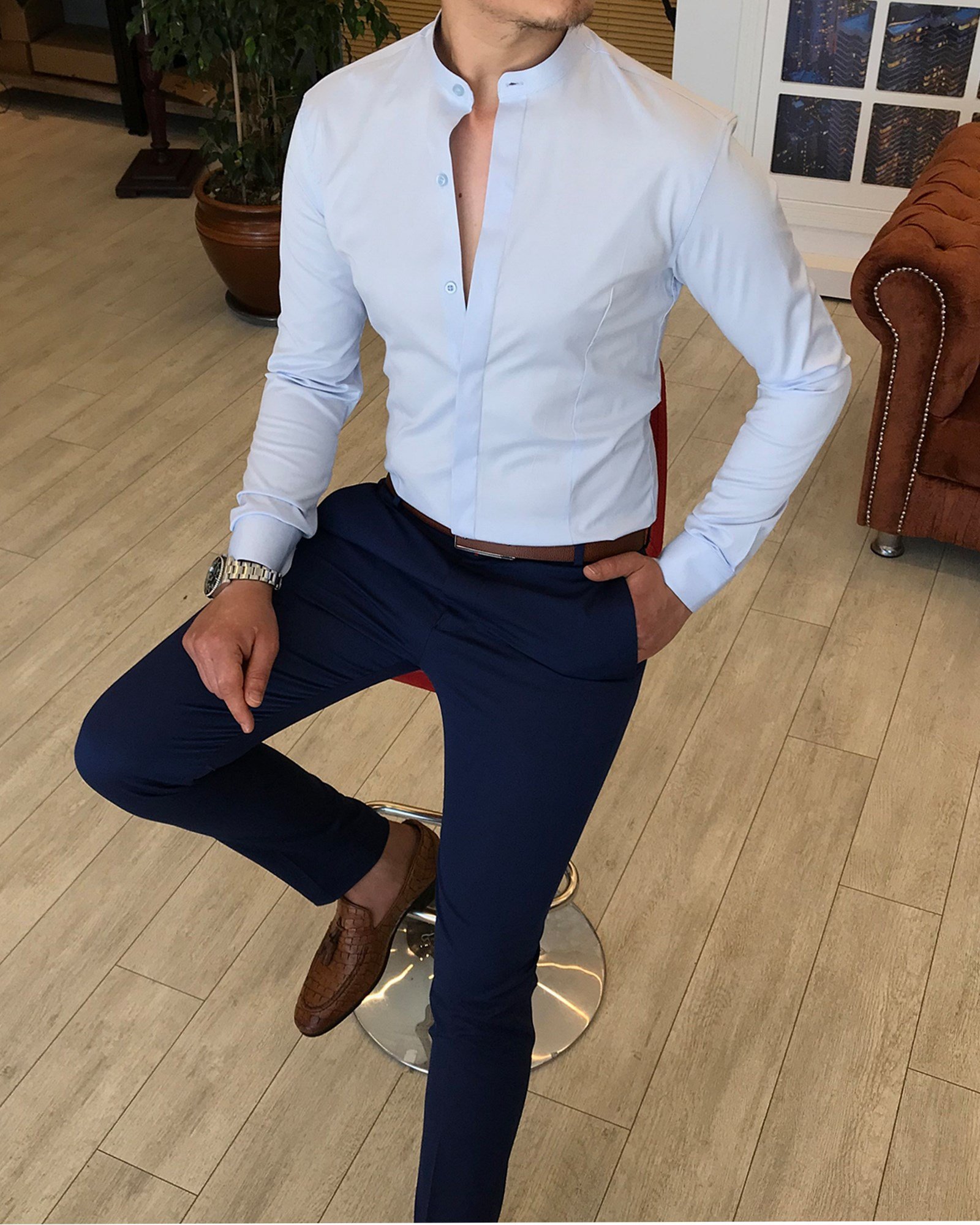 İtalyan kesim slim fit erkek hakim yaka gömlek Buz Mavisi T4796
