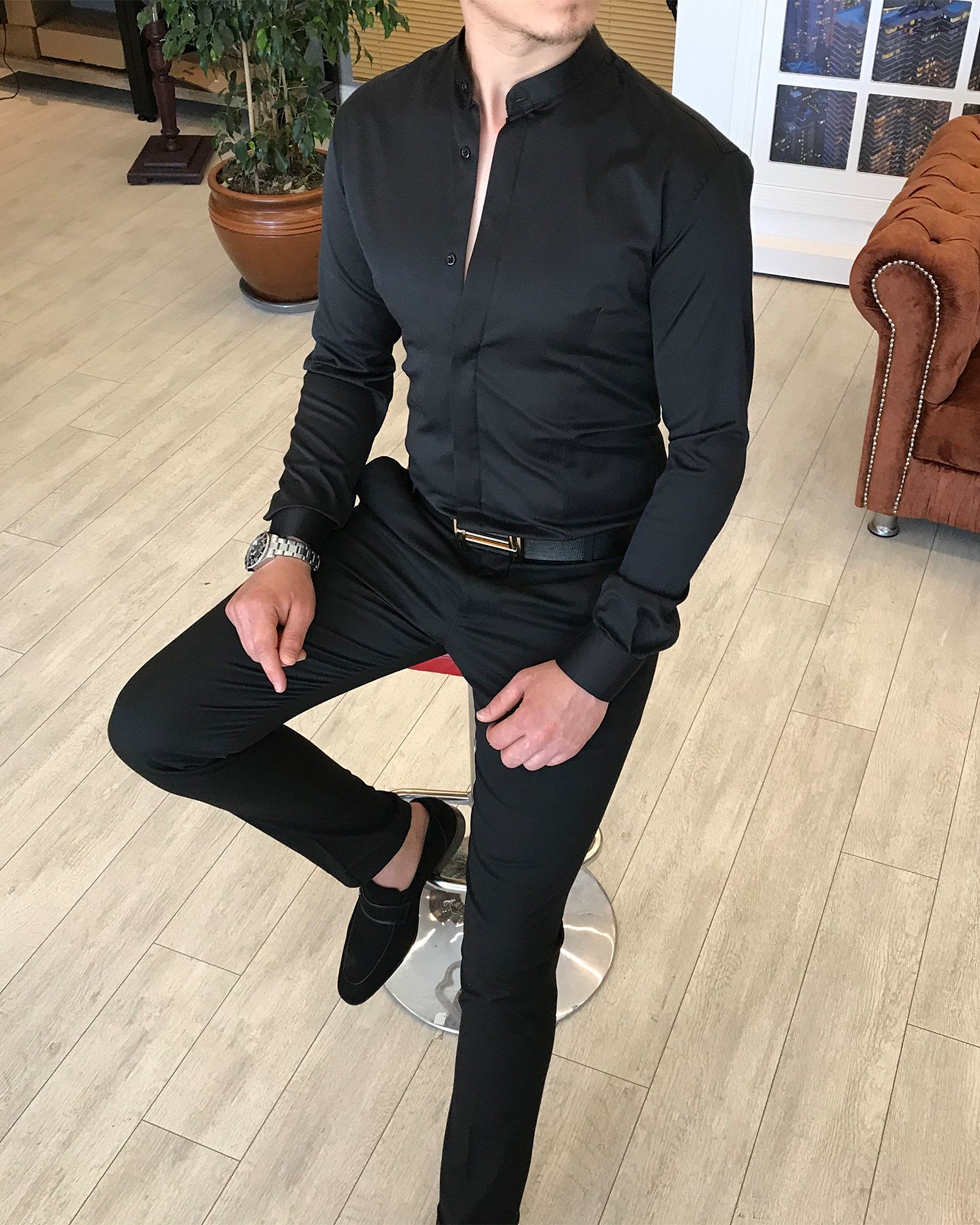 İtalyan kesim slim fit erkek hakim yaka gömlek Siyah T4795