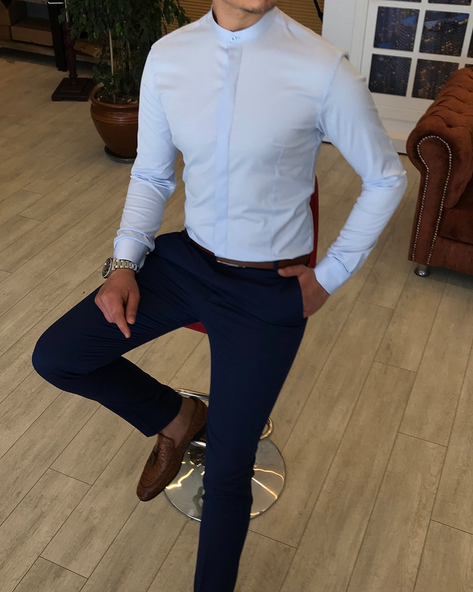 İtalyan kesim slim fit erkek hakim yaka gömlek Buz Mavisi T4796