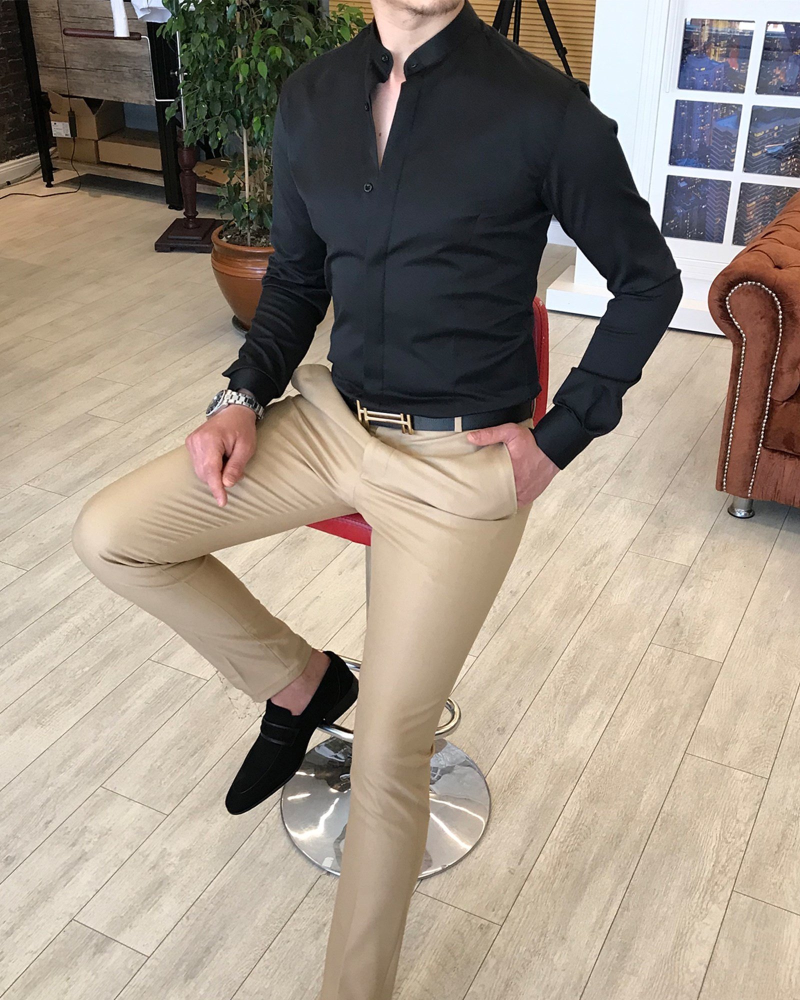 İtalyan kesim slim fit erkek hakim yaka gömlek Siyah T4795