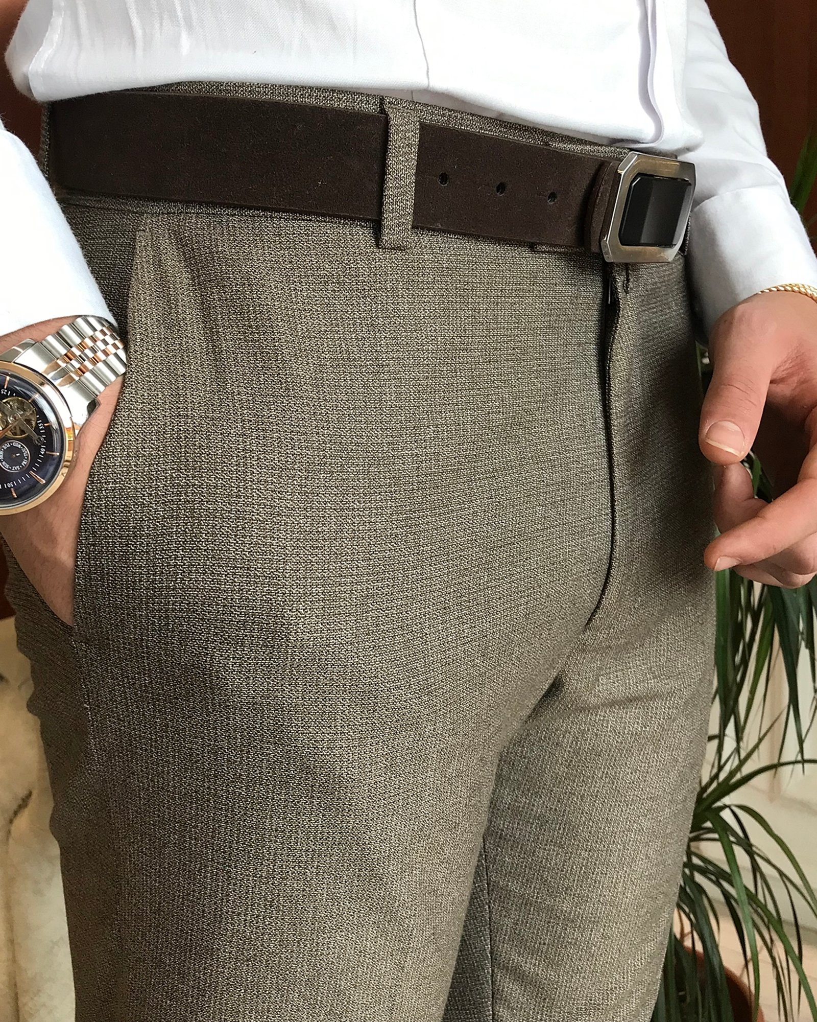 İtalyan kesim slim fit erkek kahverengi kumaş pantolon T6281