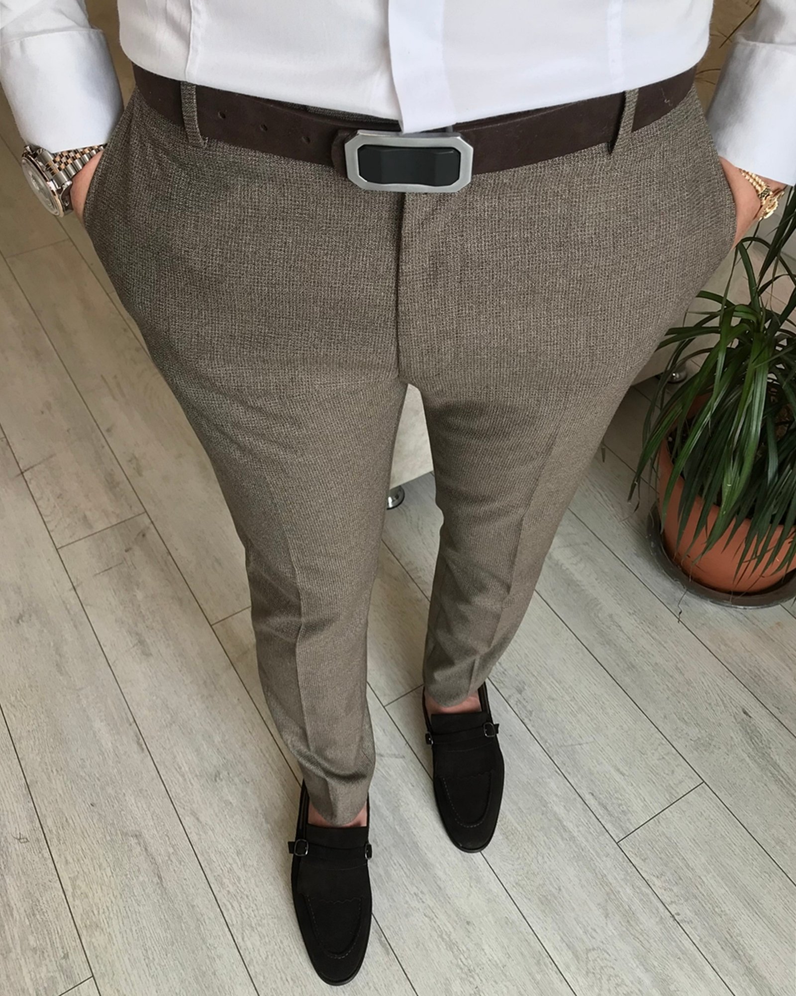 İtalyan kesim slim fit erkek kahverengi kumaş pantolon T6281