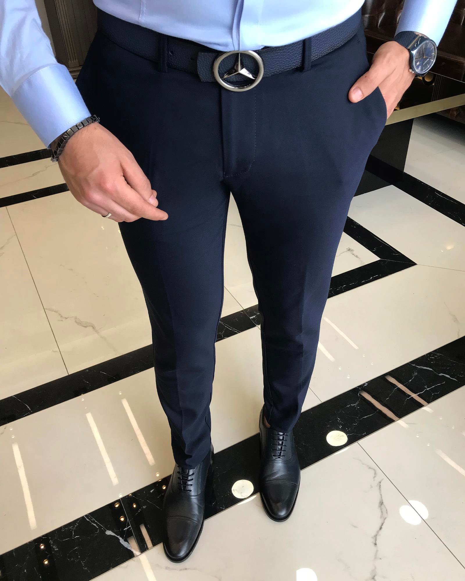 italian cut slim fit men's trousers navy blue T9137