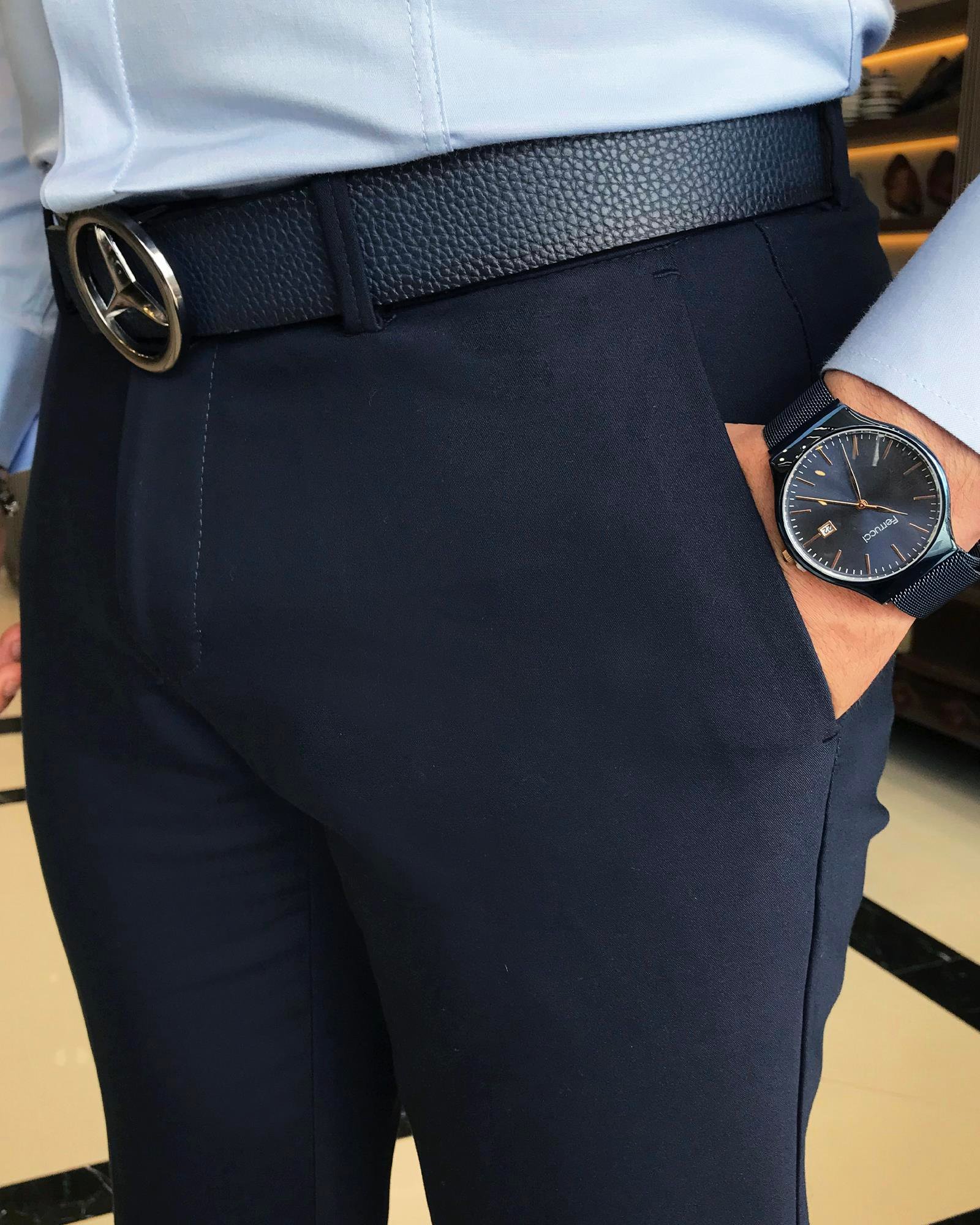 italian cut slim fit men's trousers navy blue T9137