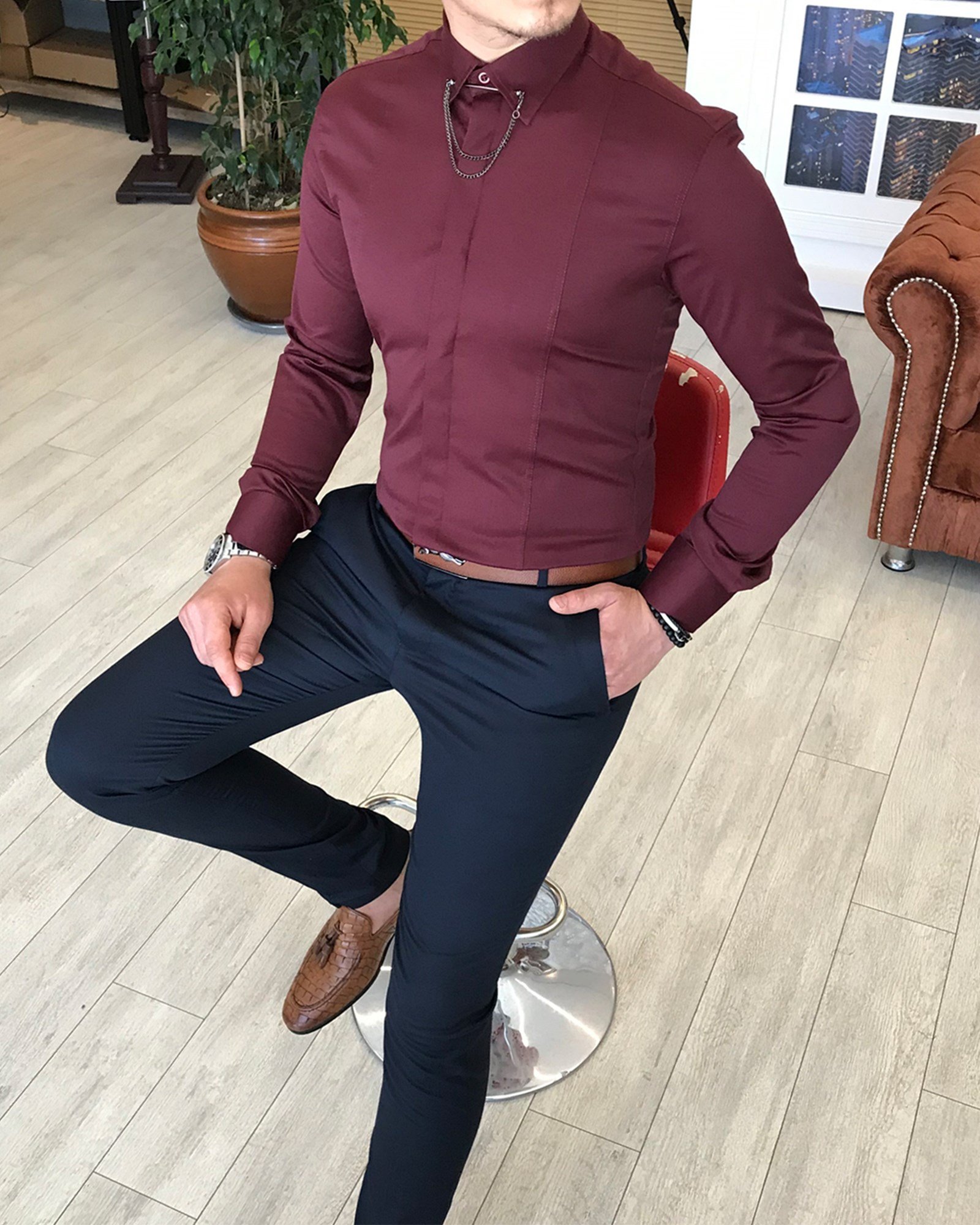 İtalyan kesim slim fit erkek  saten bordo zincirli gömlek T4099