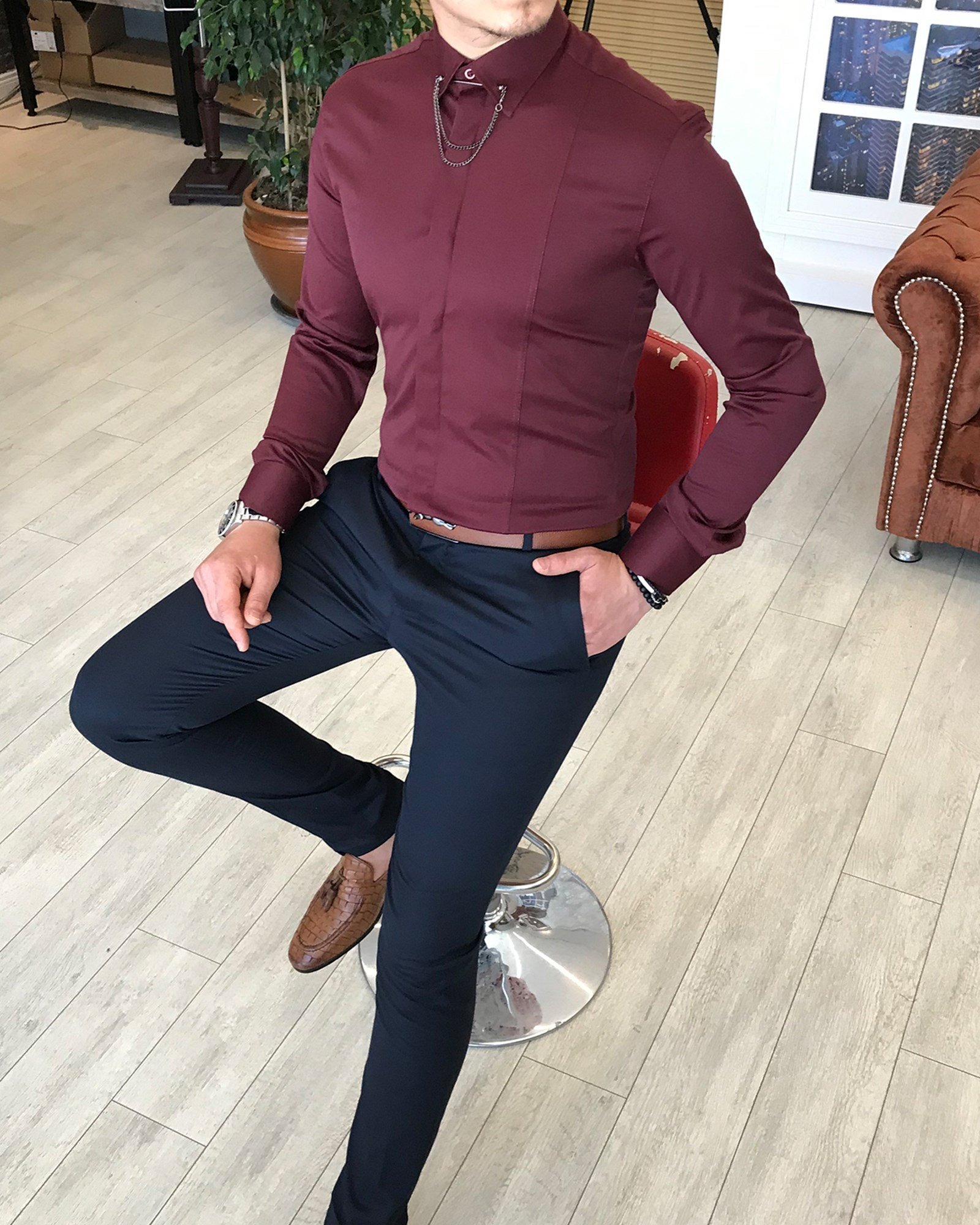 İtalyan kesim slim fit erkek  saten bordo zincirli gömlek T4099