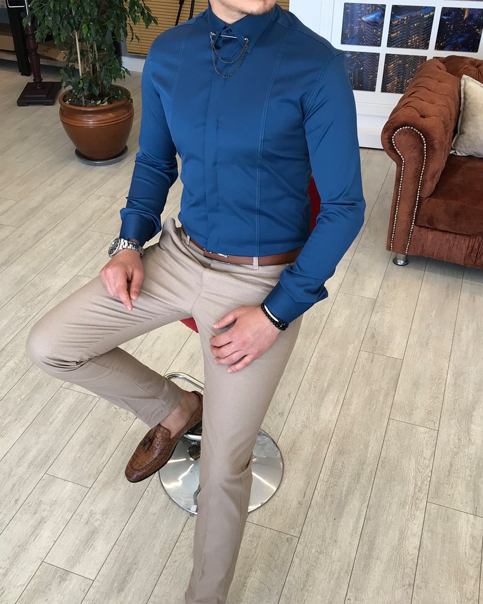 İtalyan kesim slim fit erkek  saten lacivert zincirli gömlek T4098