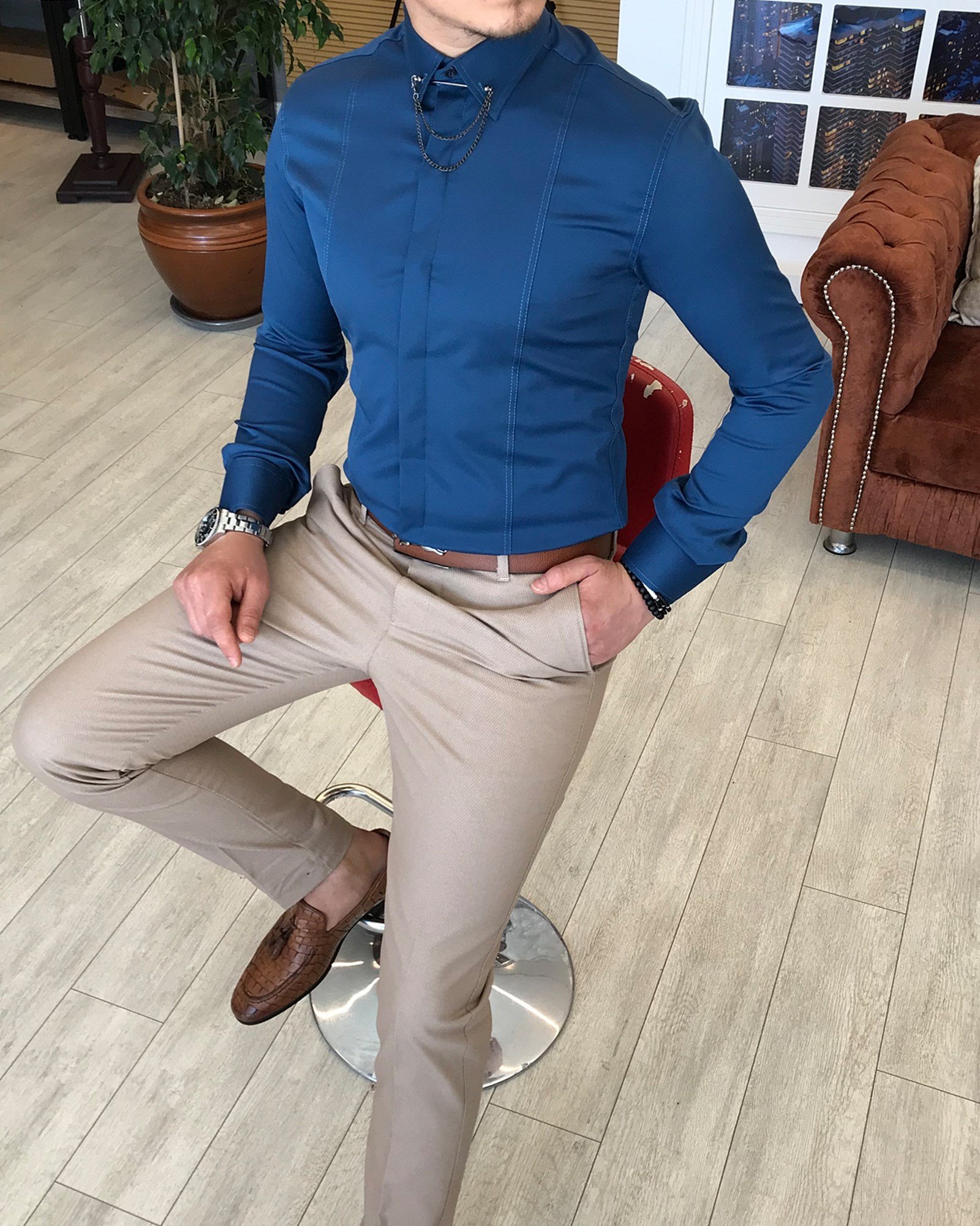 İtalyan kesim slim fit erkek  saten lacivert zincirli gömlek T4098