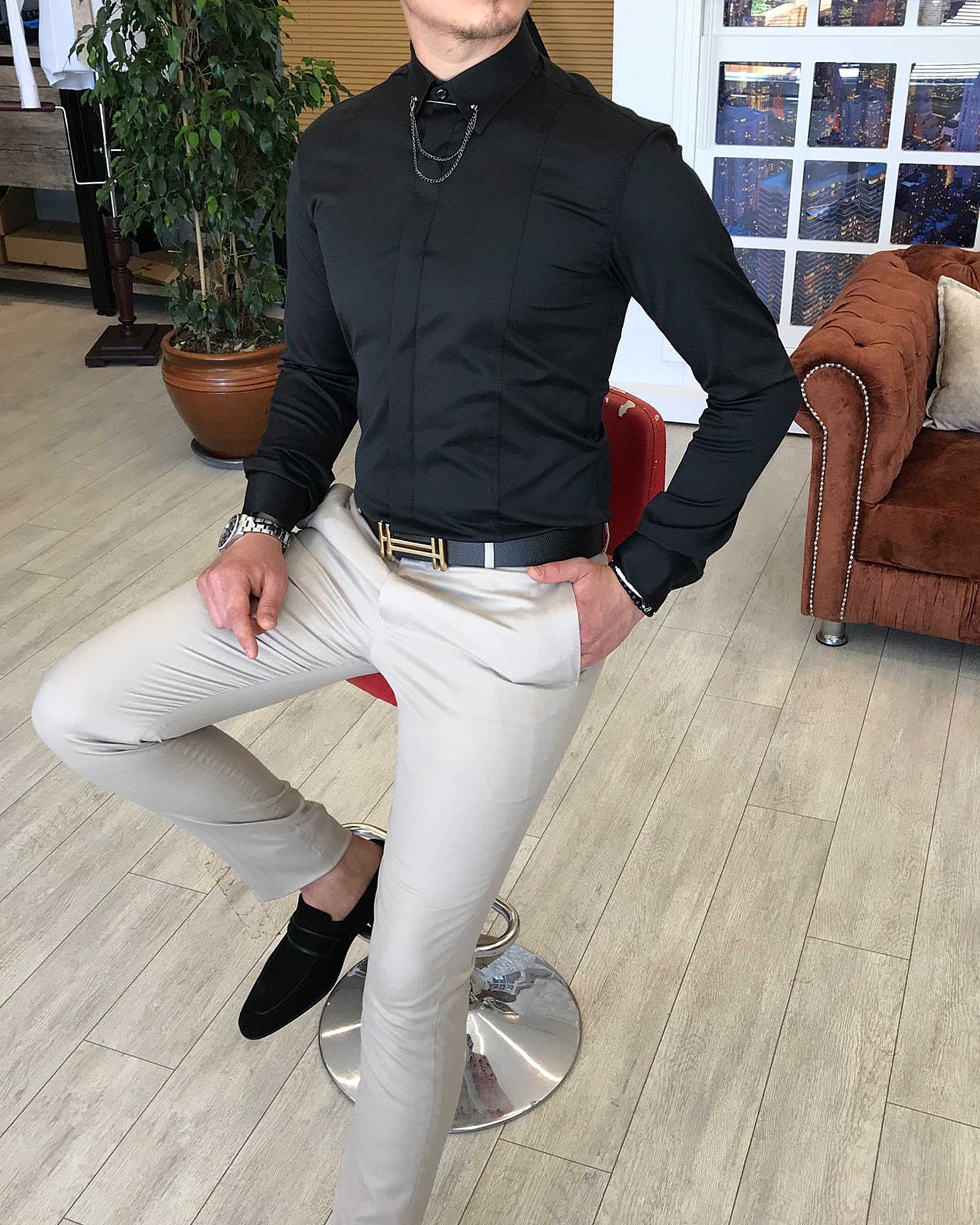 İtalyan kesim slim fit erkek  saten siyah zincirli gömlek T4090
