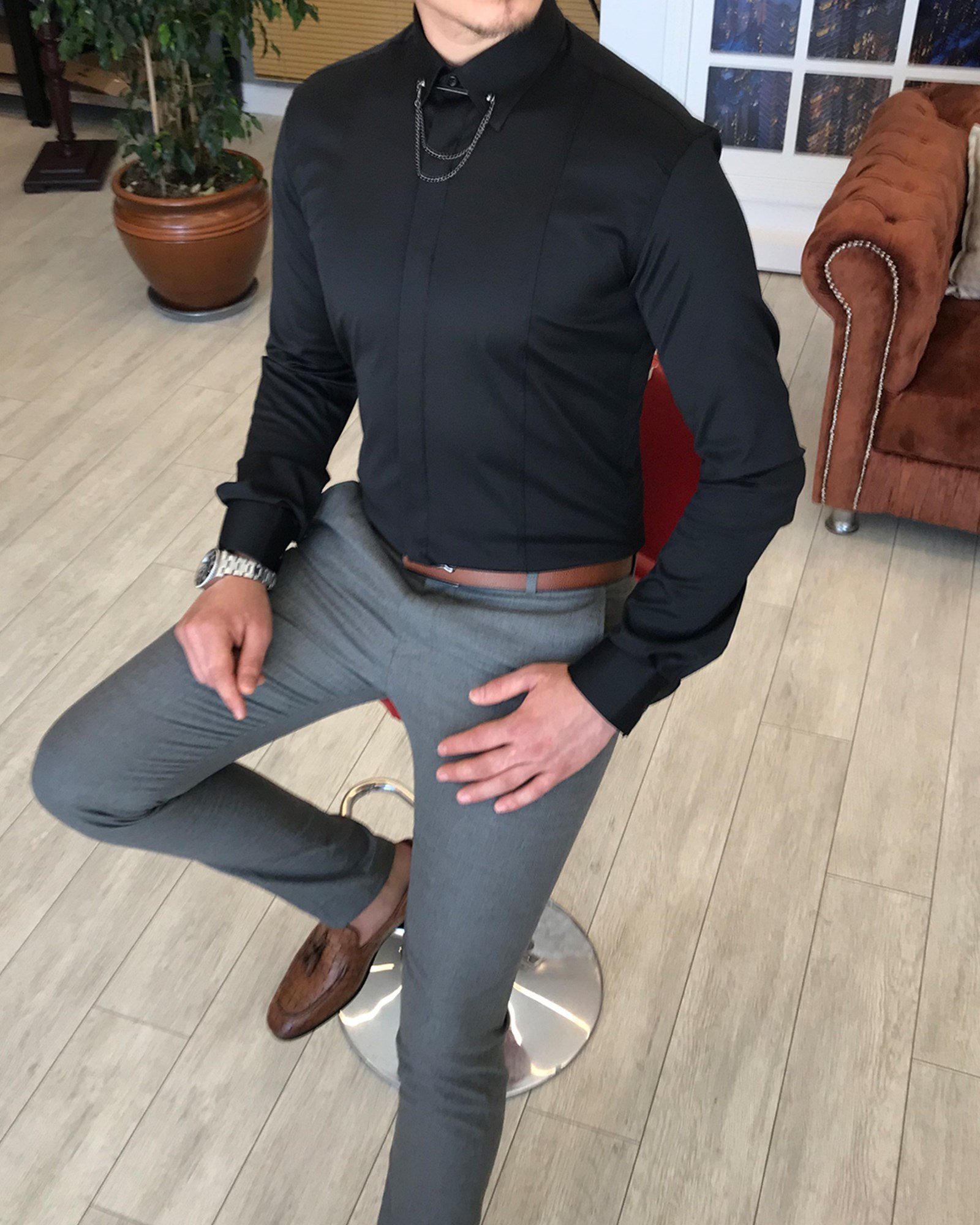 İtalyan kesim slim fit erkek  saten siyah zincirli gömlek T4090