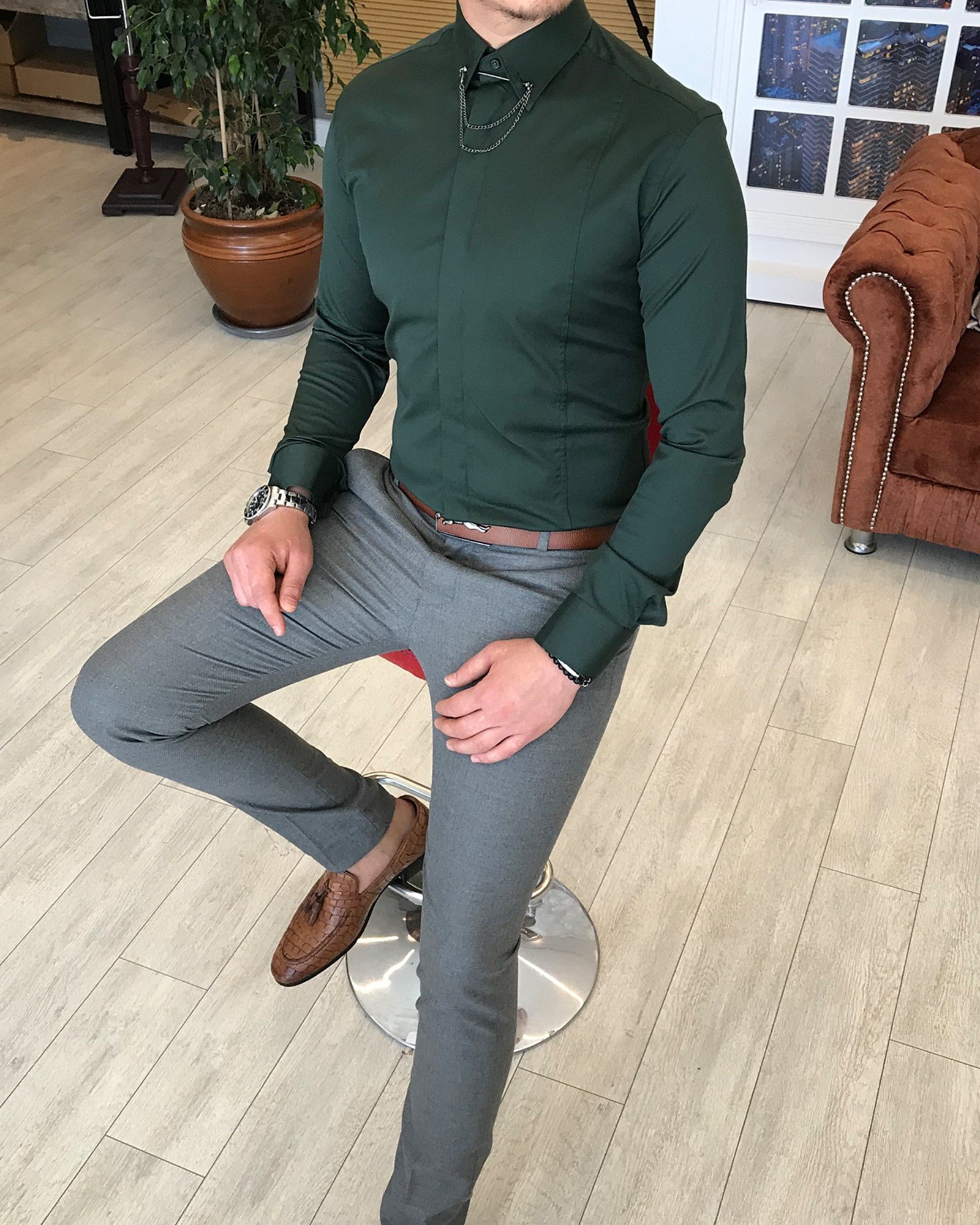 İtalyan kesim slim fit erkek  saten yeşil zincirli gömlek T3509