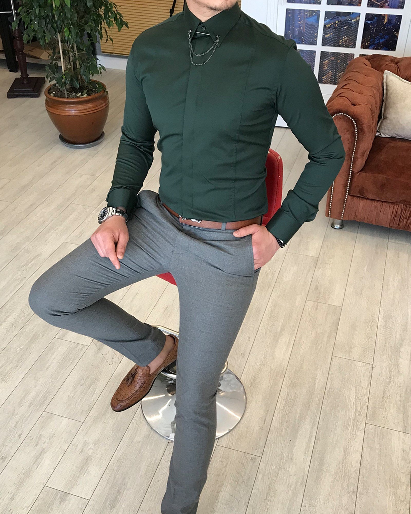 İtalyan kesim slim fit erkek  saten yeşil zincirli gömlek T3509