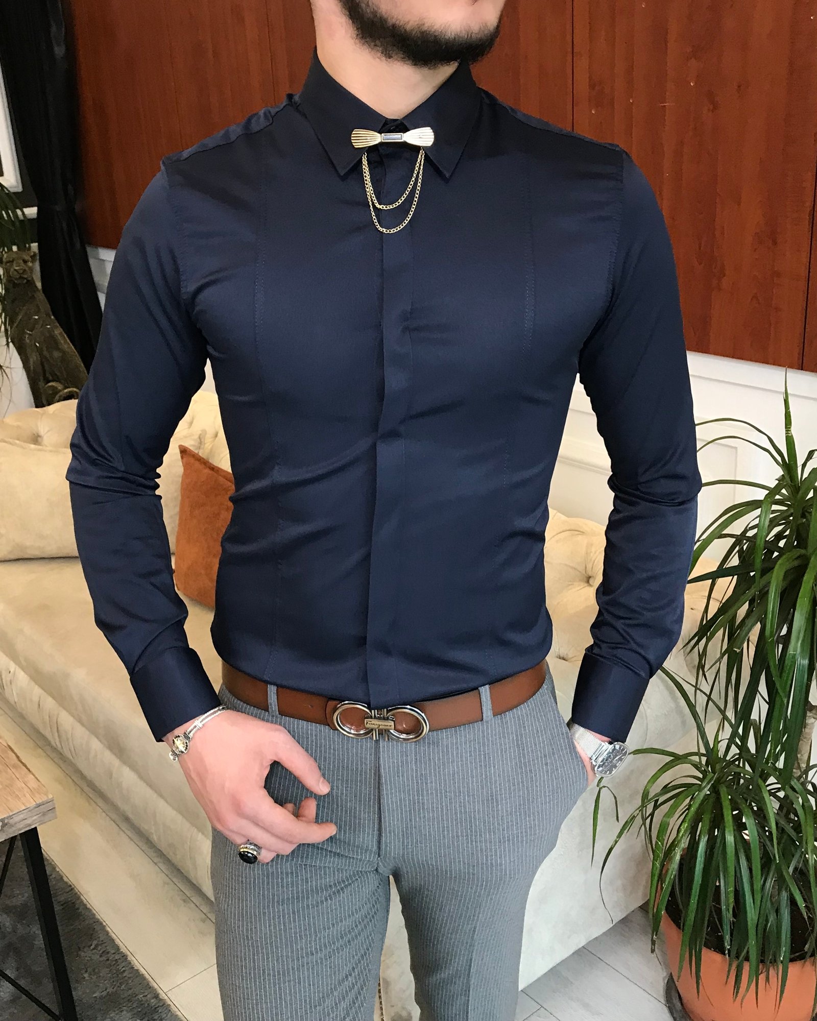 İtalyan kesim slim fit erkek saten zincirli gömlek Lacivert T4802