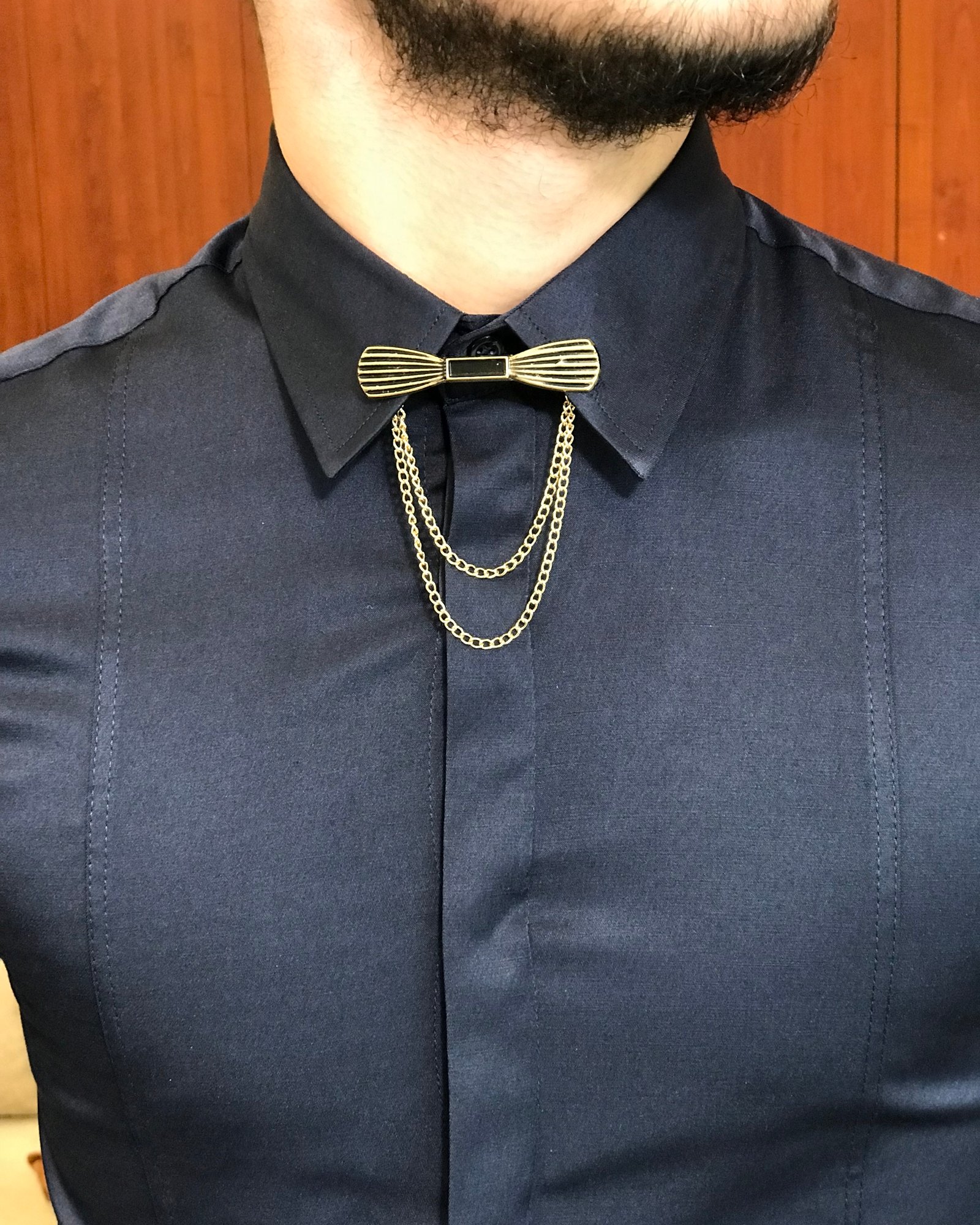 İtalyan kesim slim fit erkek saten zincirli gömlek Lacivert T4802