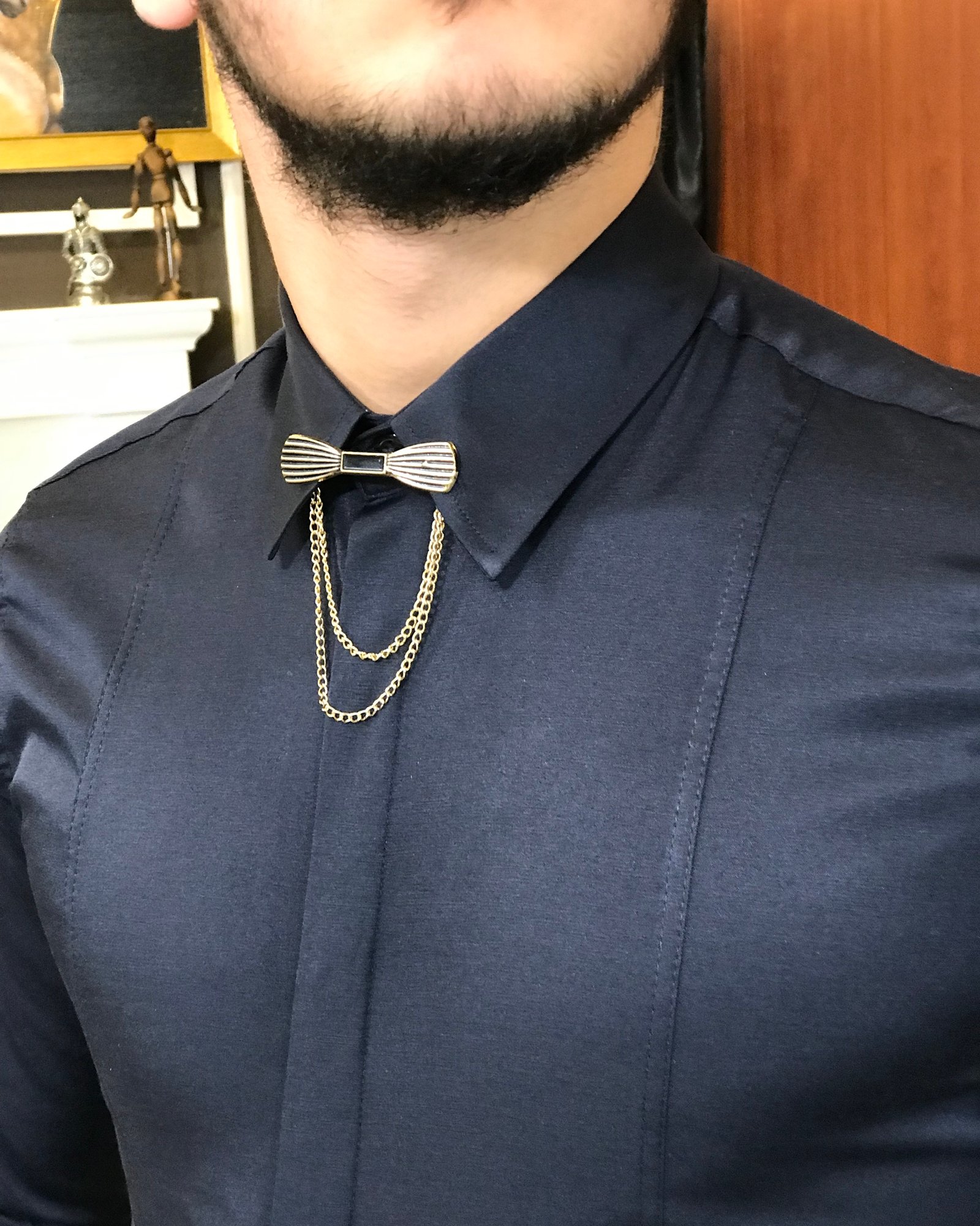 İtalyan kesim slim fit erkek saten zincirli gömlek Lacivert T4802