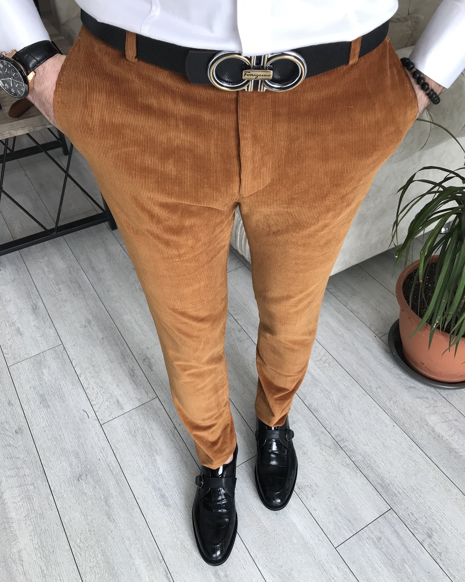 İtalyan kesim slim fit kadife kumaş pantolon Camel T8527