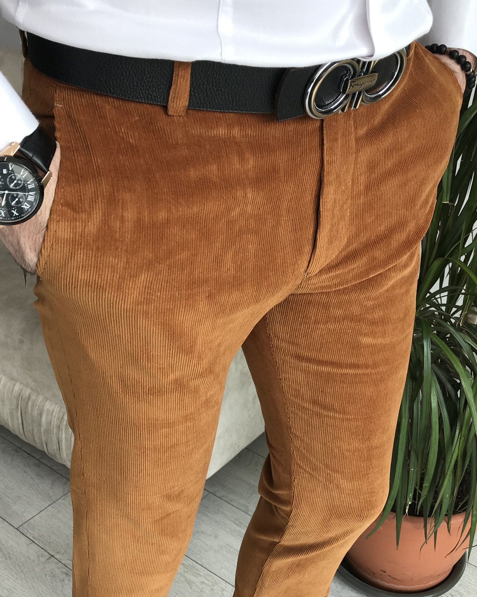 İtalyan kesim slim fit kadife kumaş pantolon Camel T8527
