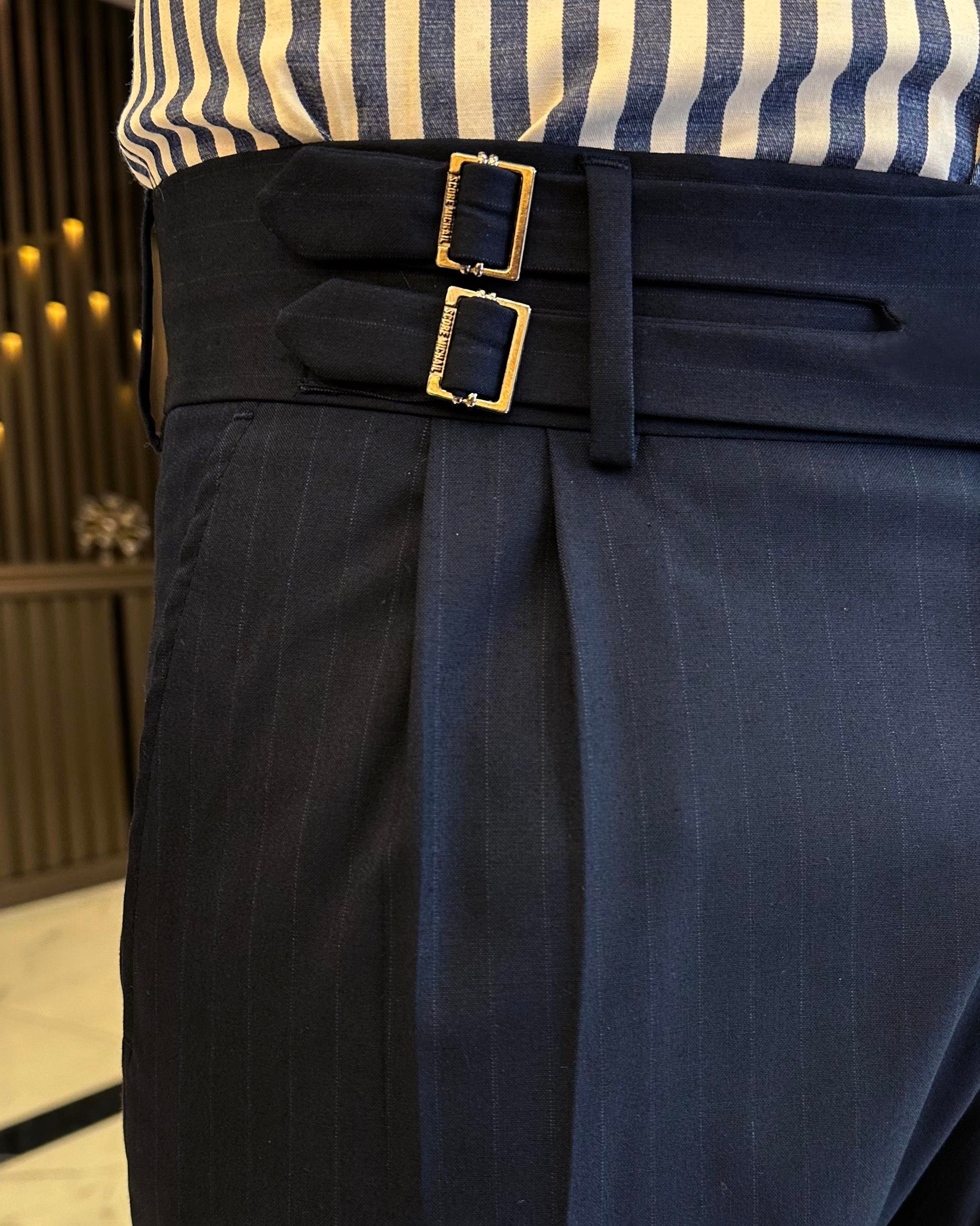 İtalyan kesim slim fit kemerli pileli çizgili erkek pantolon lacivert T10068