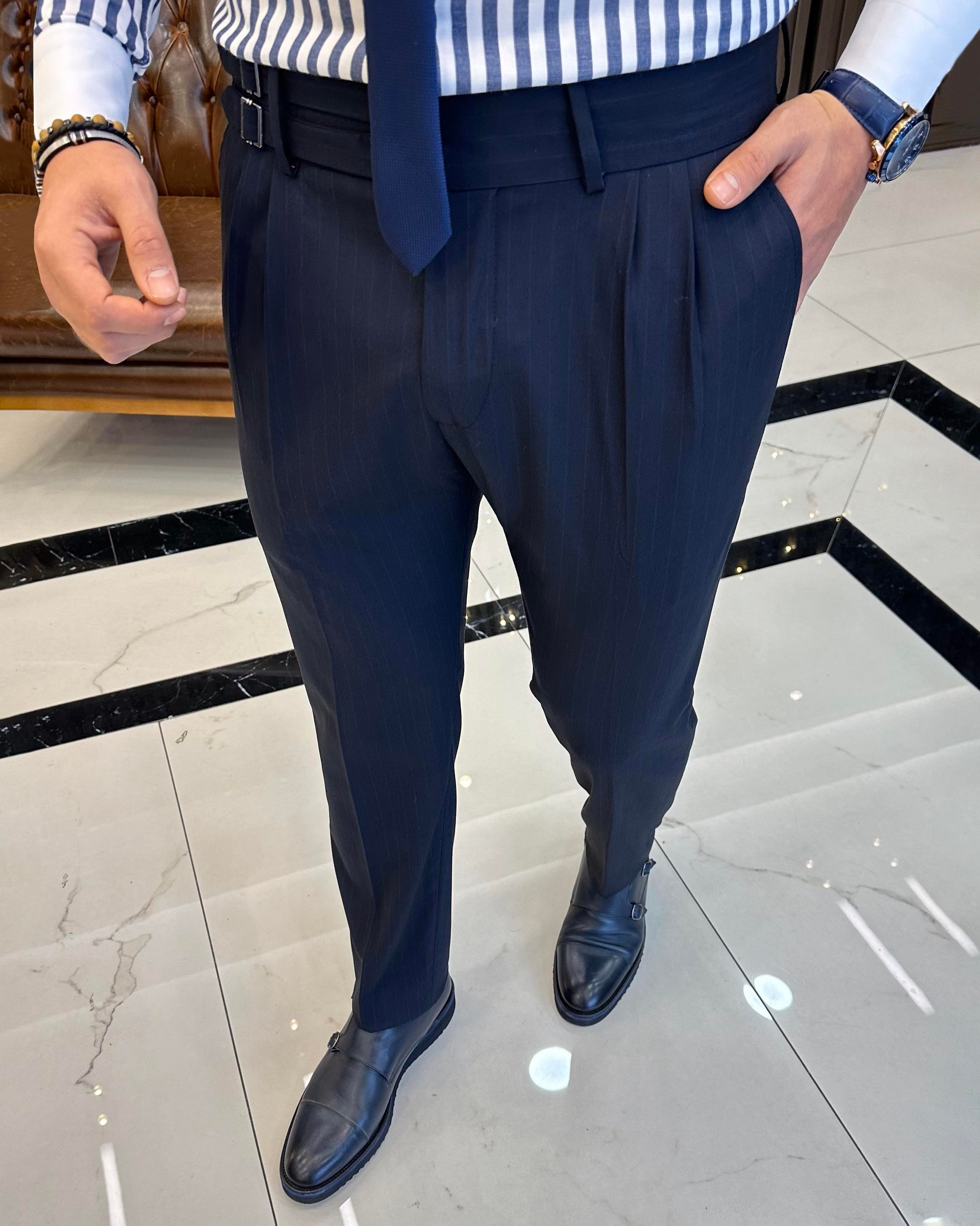 İtalyan kesim slim fit kemerli pileli çizgili erkek pantolon lacivert T10068