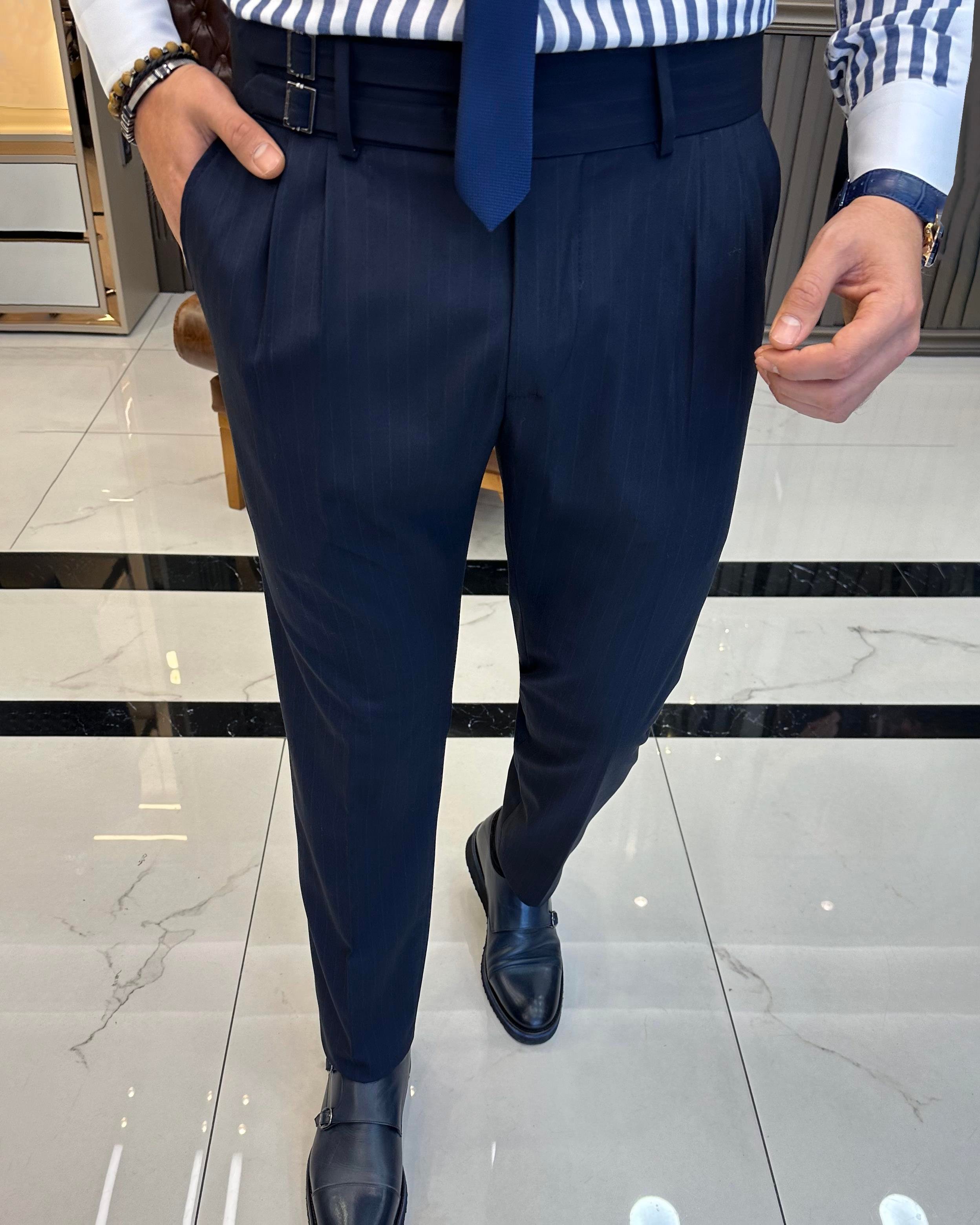 İtalyan kesim slim fit kemerli pileli çizgili erkek pantolon lacivert T10068