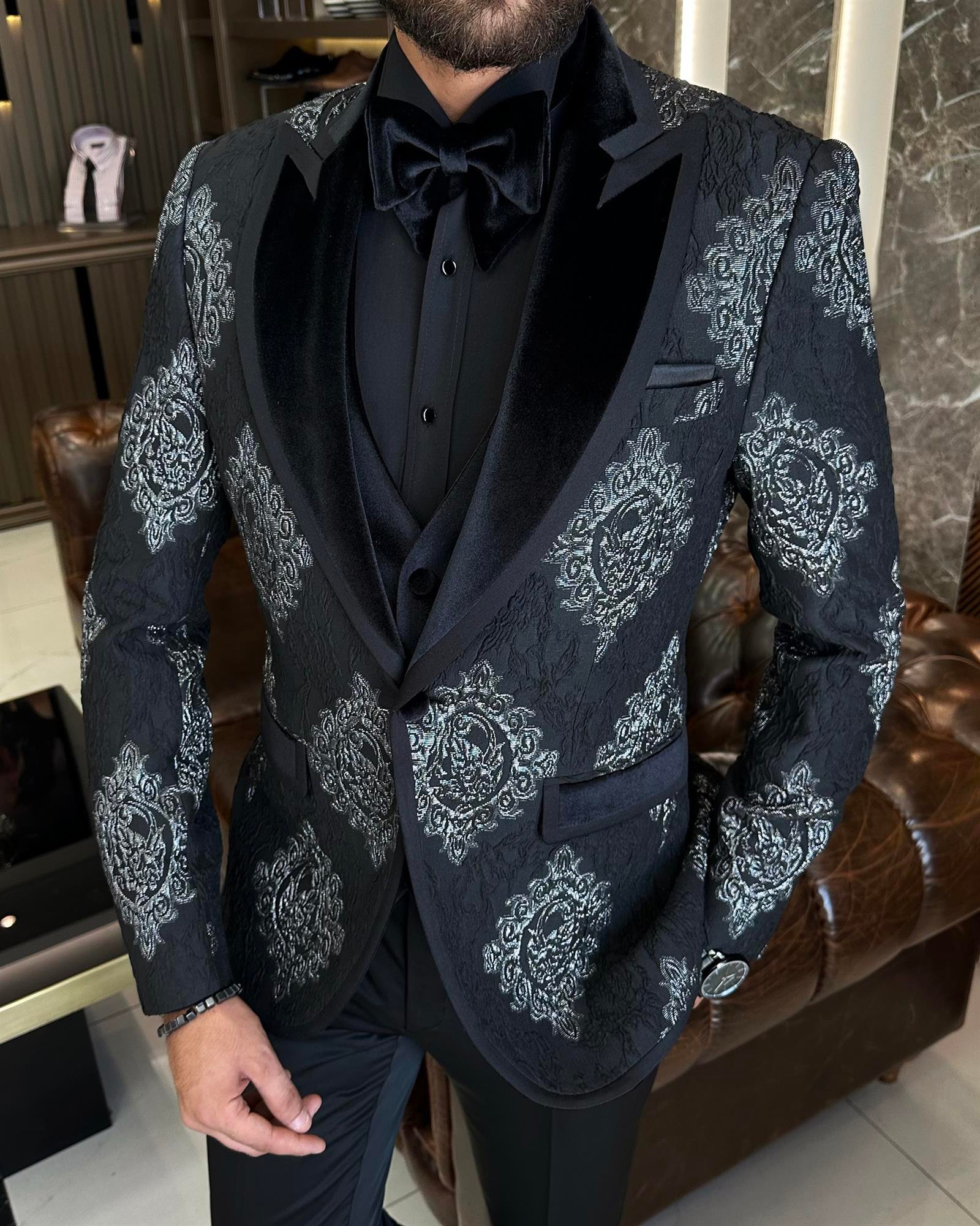İtalyan kesim slim fit kırlangıç yaka ceket yelek pantolon damatlık set siyah T10229