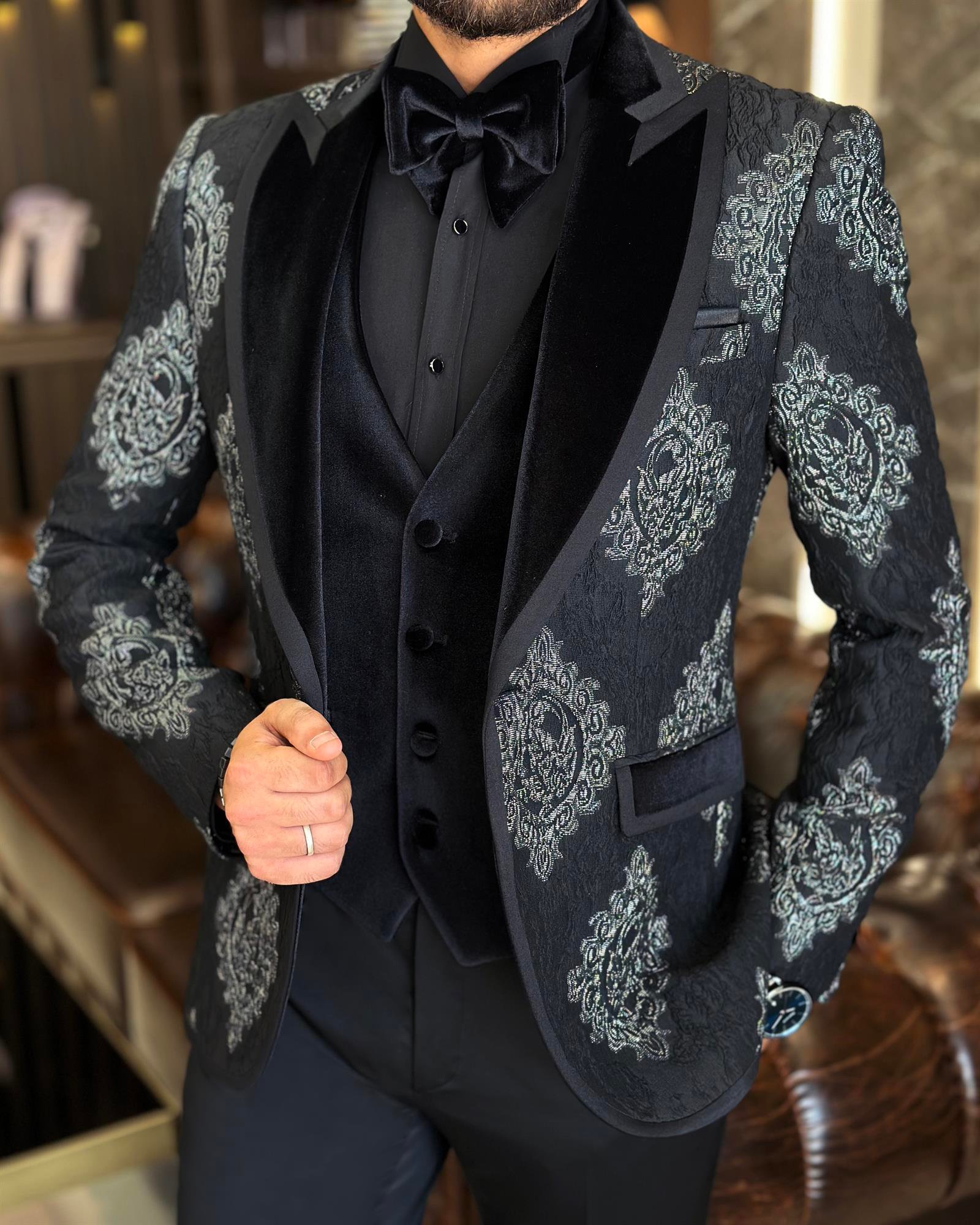 İtalyan kesim slim fit kırlangıç yaka ceket yelek pantolon damatlık set siyah T10229