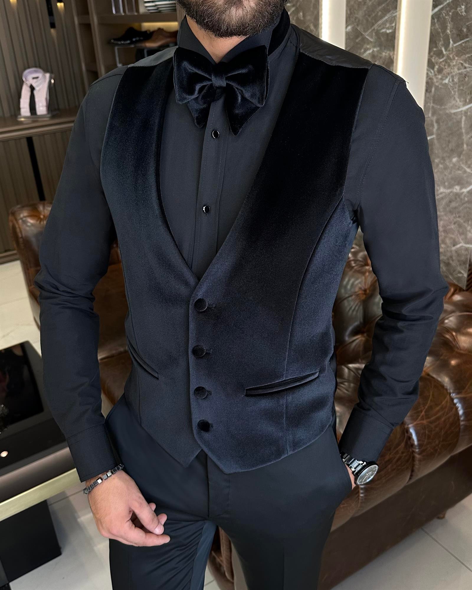 İtalyan kesim slim fit kırlangıç yaka ceket yelek pantolon damatlık set siyah T10229