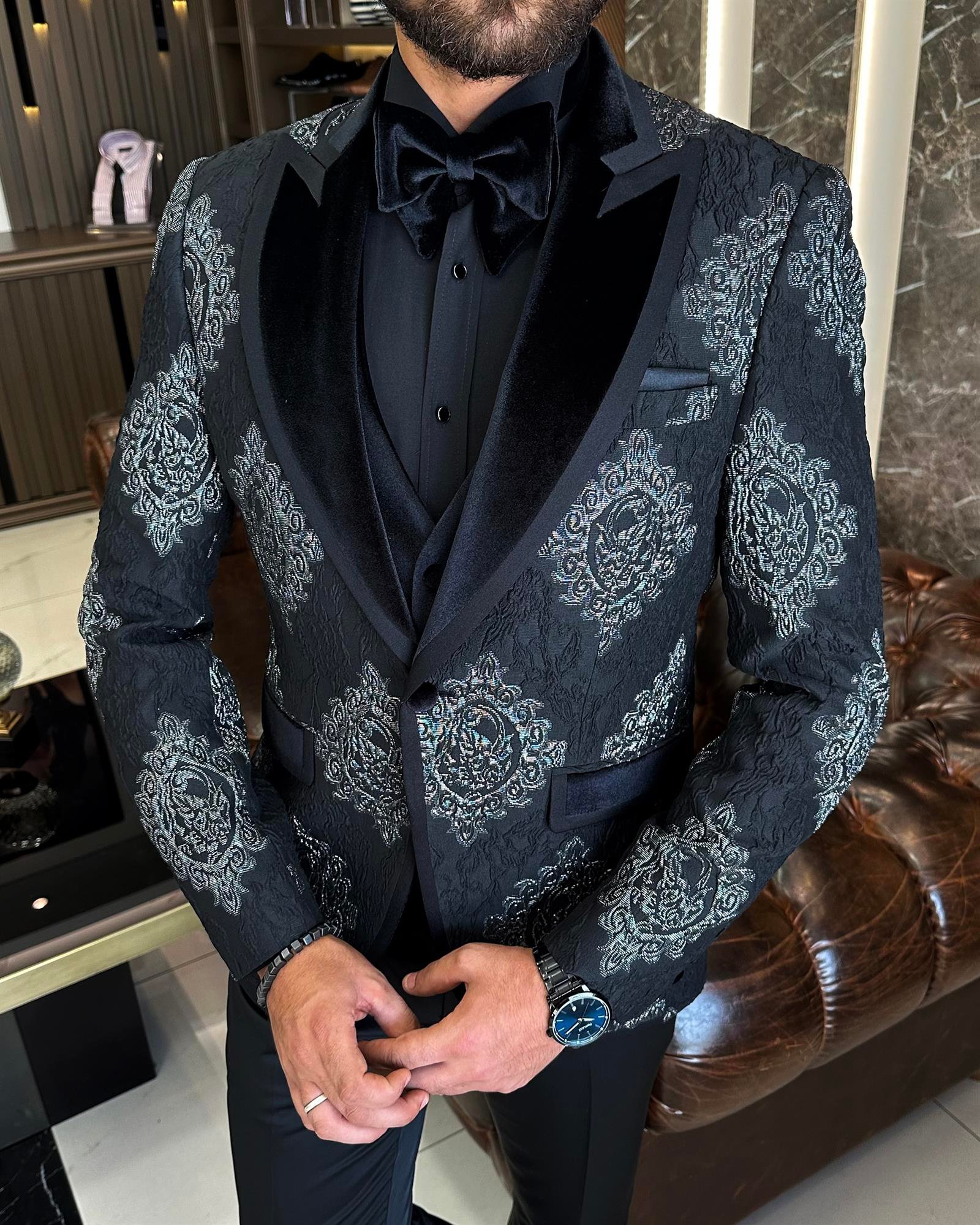 İtalyan kesim slim fit kırlangıç yaka ceket yelek pantolon damatlık set siyah T10229