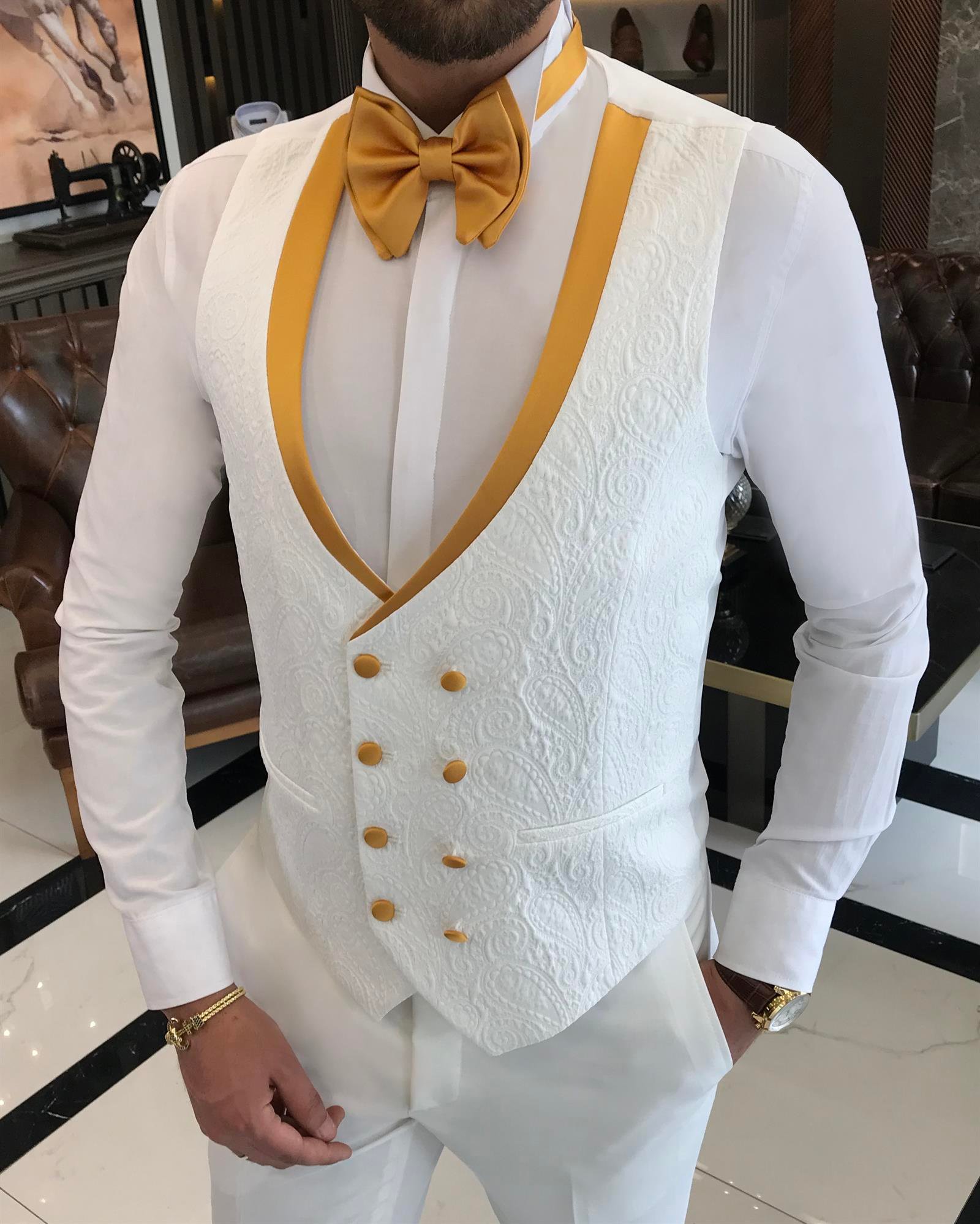 İtalyan kesim slim fit kırlangıç yaka ceket yelek pantolon damatlık set beyaz T9625