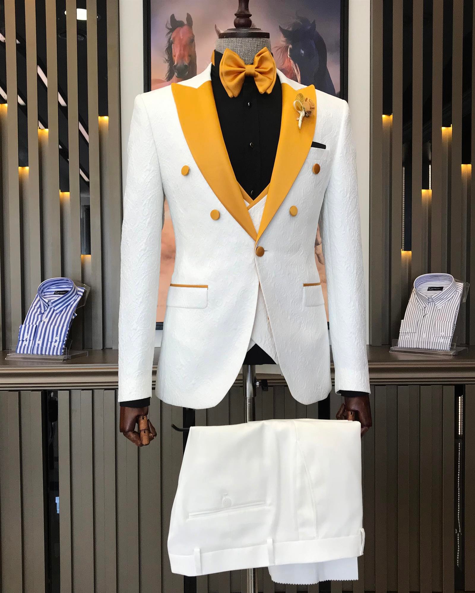 İtalyan kesim slim fit kırlangıç yaka ceket yelek pantolon damatlık set beyaz T9625