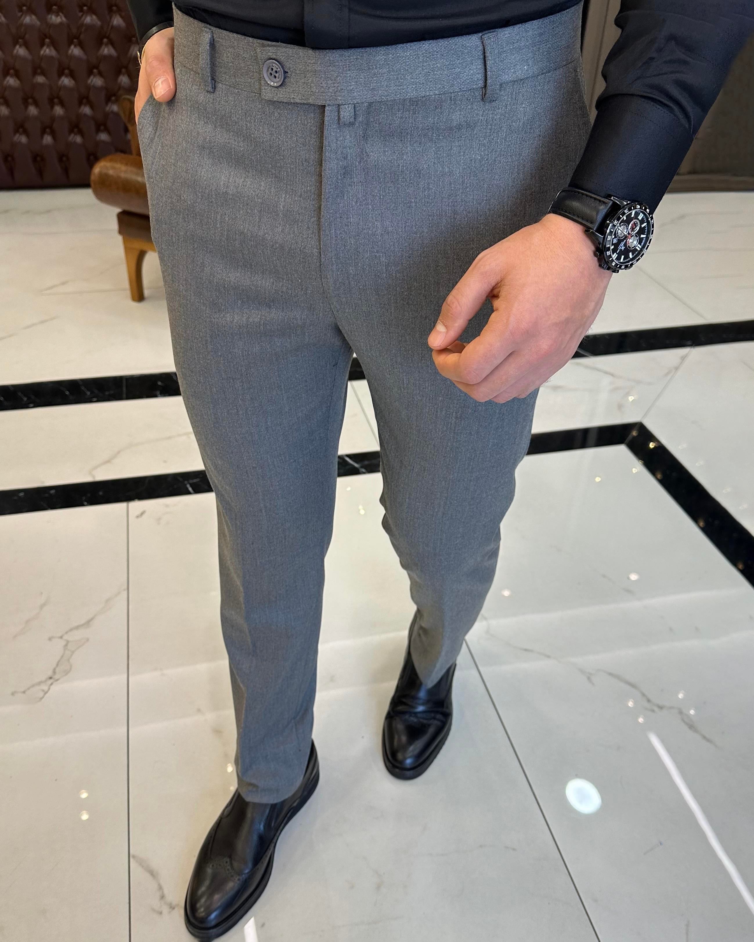 Italian Style Slim Fit Dark Gray Fabric Pants T3483