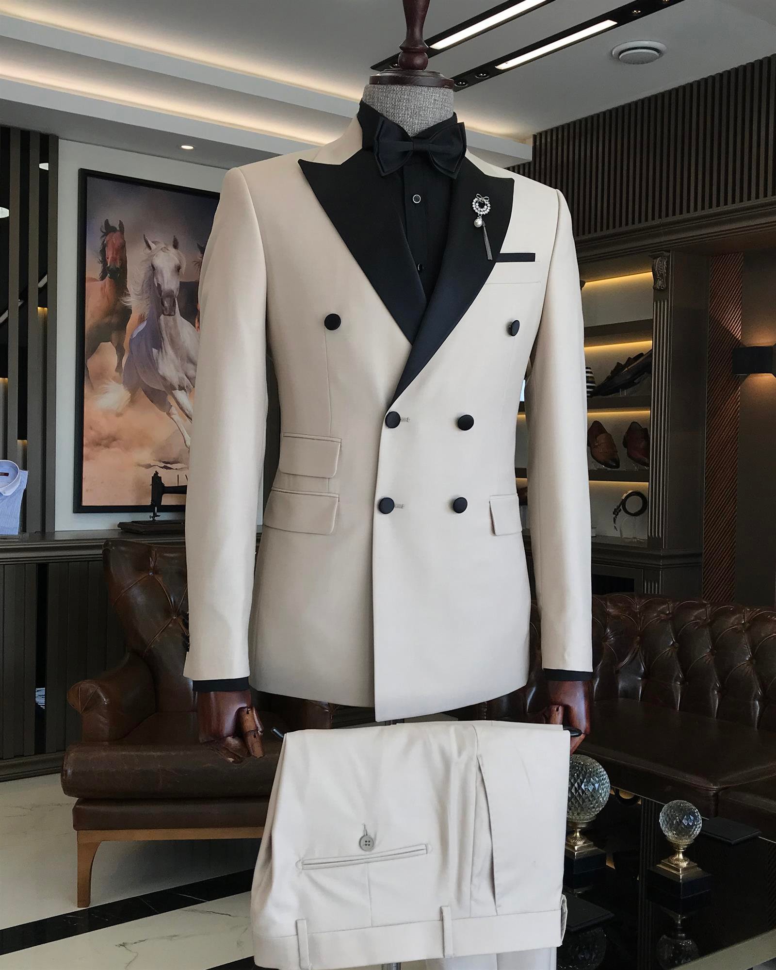 İtalyan kesim slim fit kruvaze ceket pantolon damatlık set bej T9220