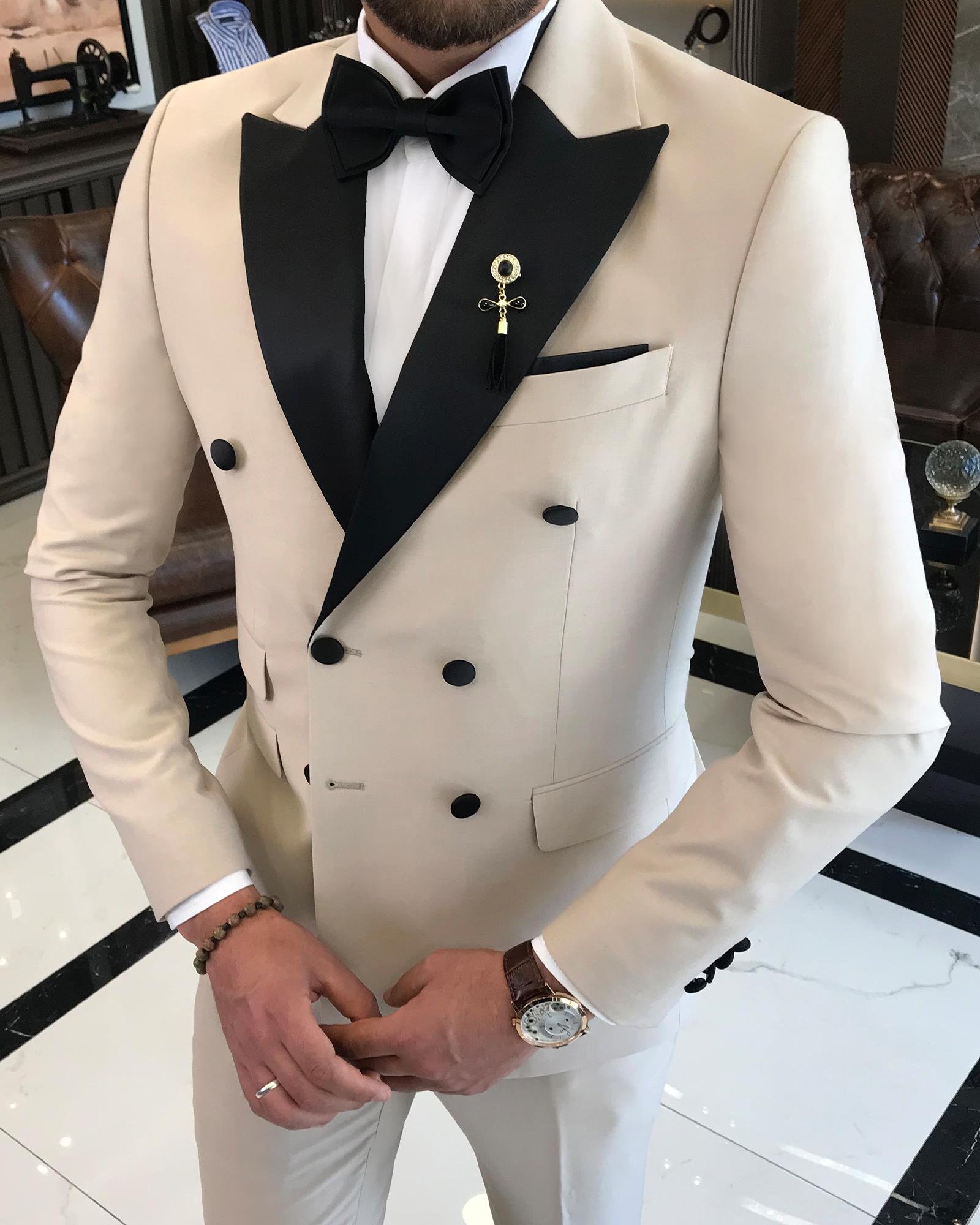 İtalyan kesim slim fit kruvaze ceket pantolon damatlık set bej T9220