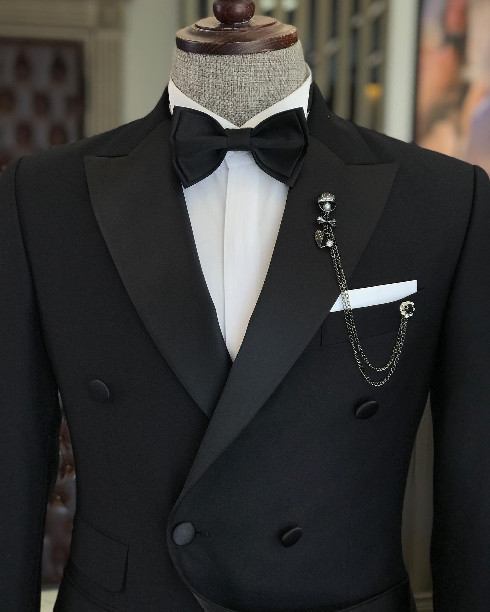 İtalyan kesim slim fit kruvaze ceket pantolon damatlık set siyah T9213