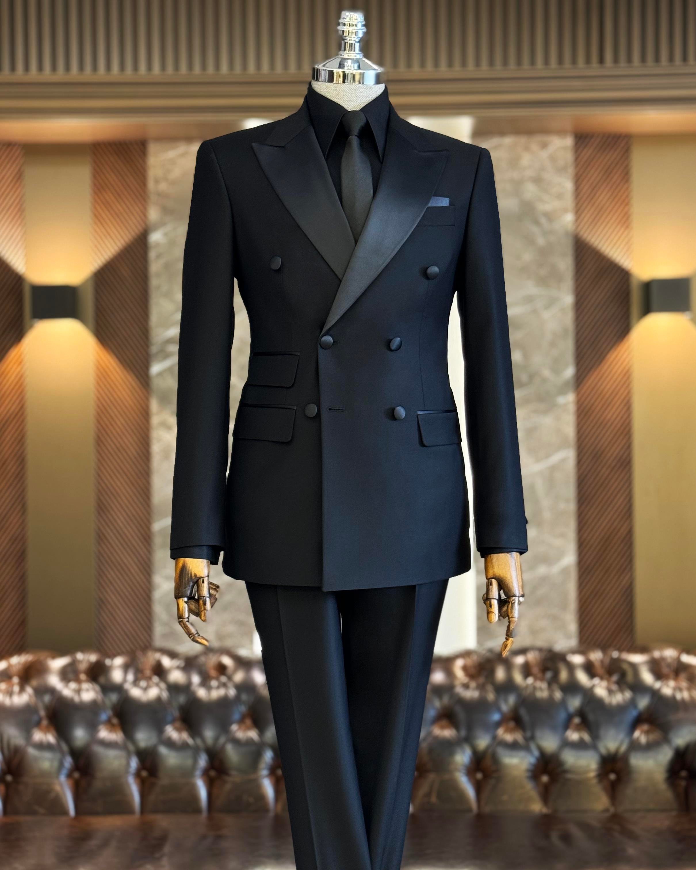 İtalyan kesim slim fit kruvaze ceket pantolon damatlık set siyah T9213