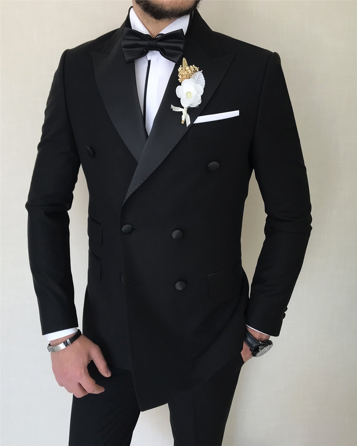 İtalyan kesim slim fit kruvaze   ceket pantolon damatlık set Siyah  T8283