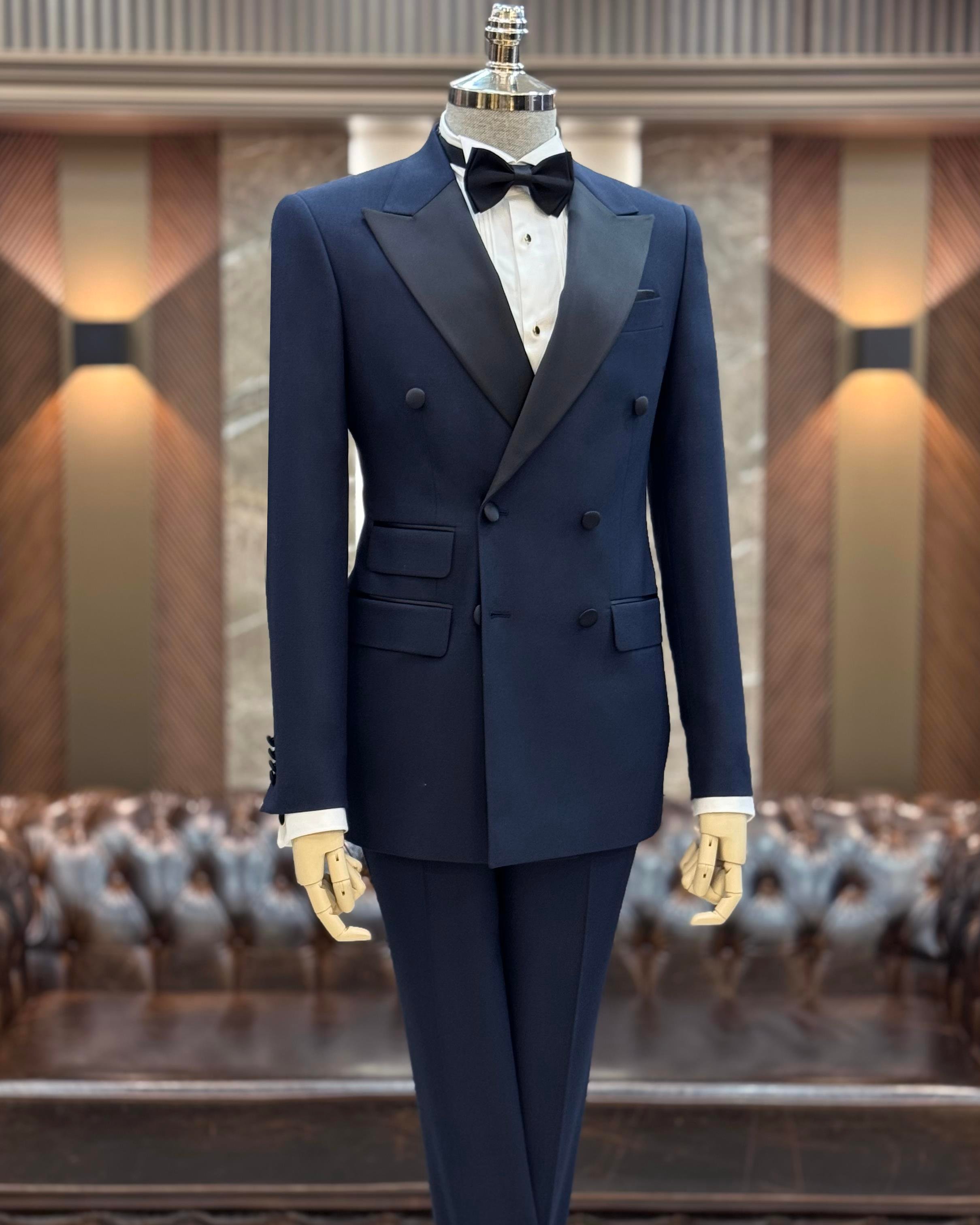 İtalyan kesim slim fit kruvaze ceket pantolon damatlık set lacivert T11840