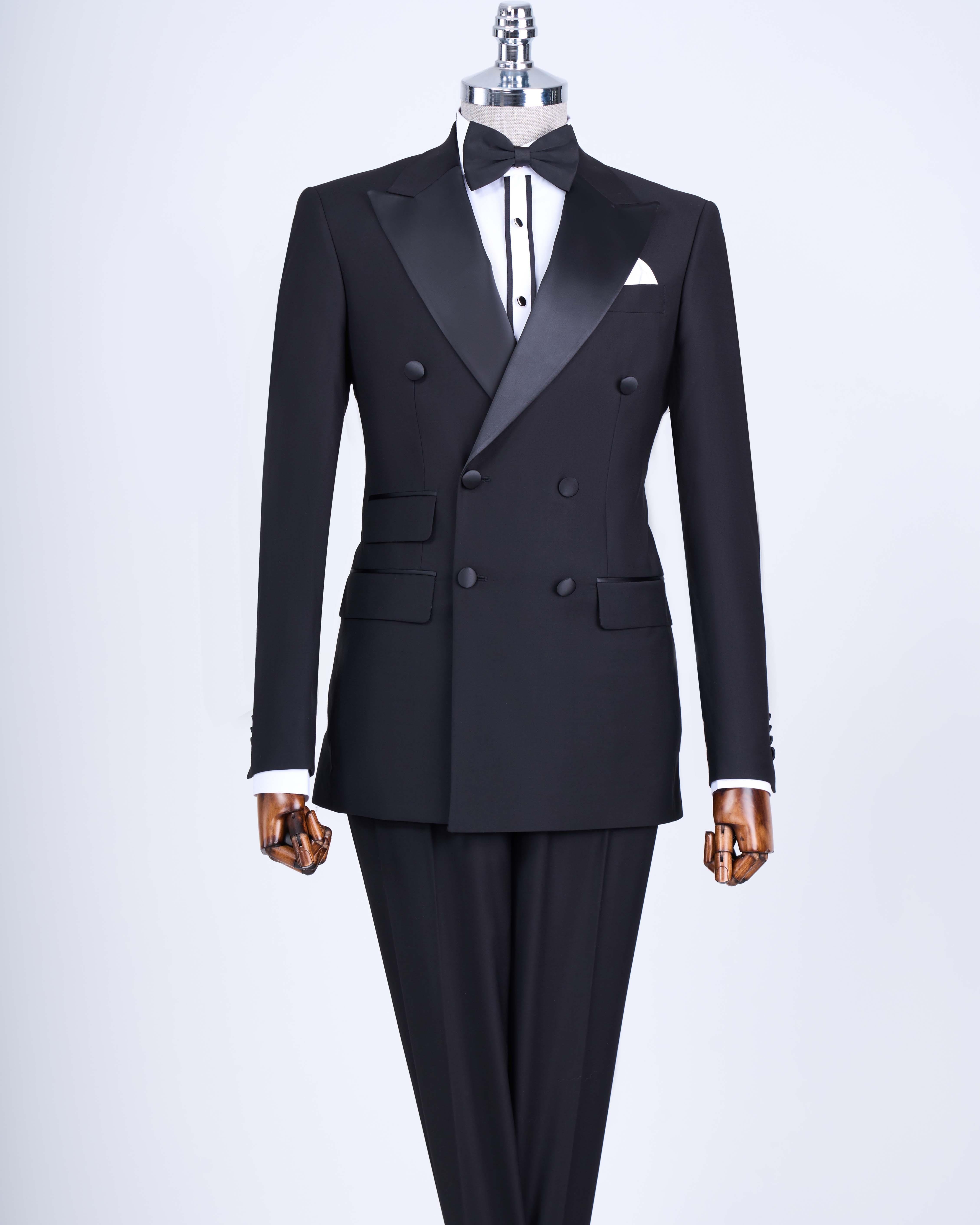 İtalyan kesim slim fit kruvaze ceket pantolon damatlık set siyah T9213