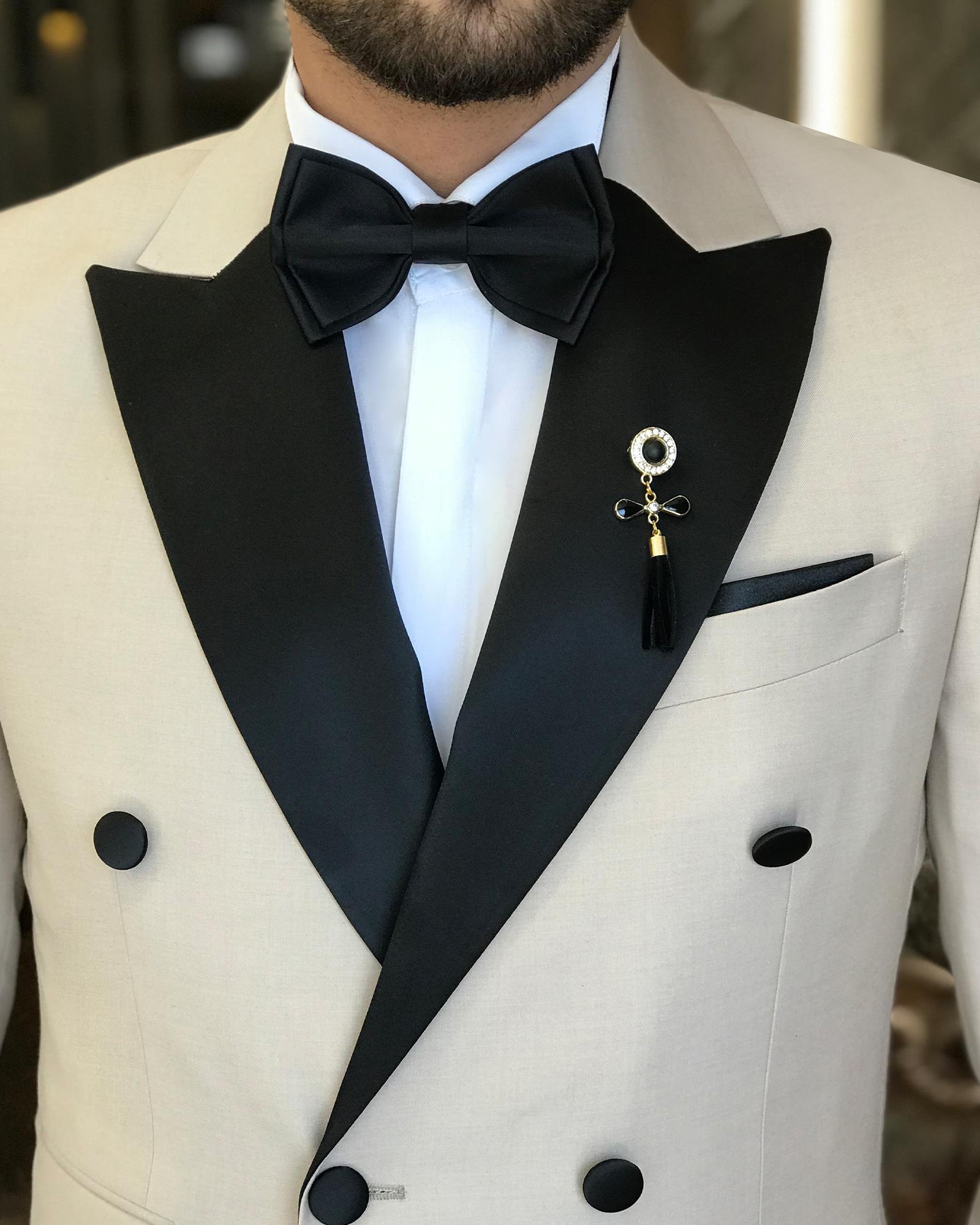 İtalyan kesim slim fit kruvaze ceket pantolon damatlık set bej T9220