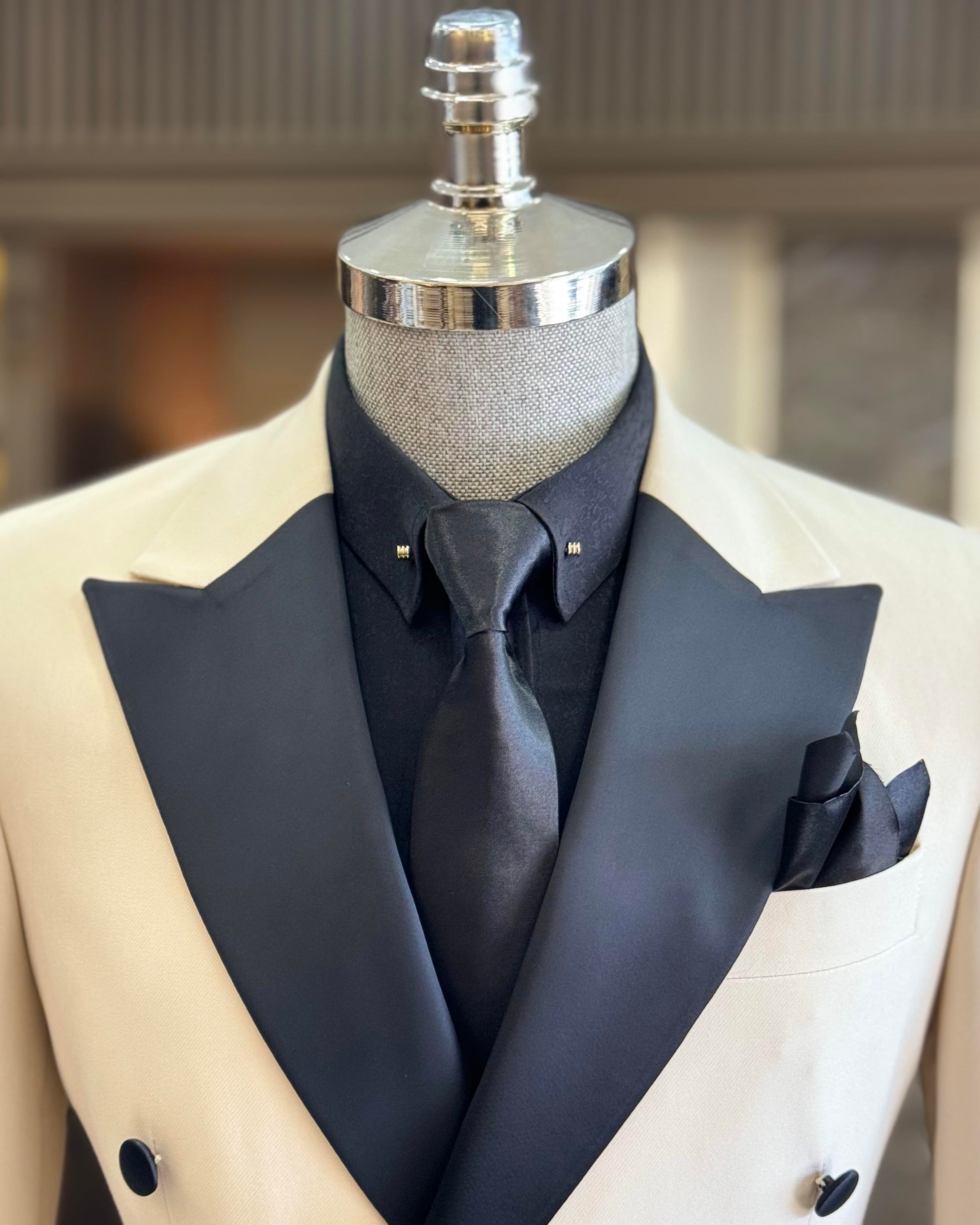 İtalyan kesim slim fit kruvaze ceket pantolon damatlık set bej T11841