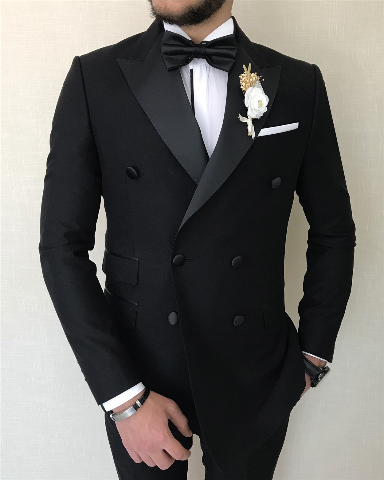 İtalyan kesim slim fit kruvaze   ceket pantolon damatlık set Siyah  T8283