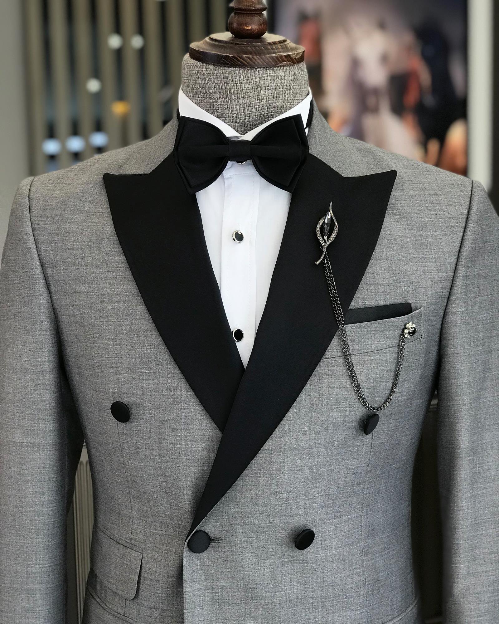 İtalyan kesim slim fit kruvaze ceket pantolon damatlık set gri T9216