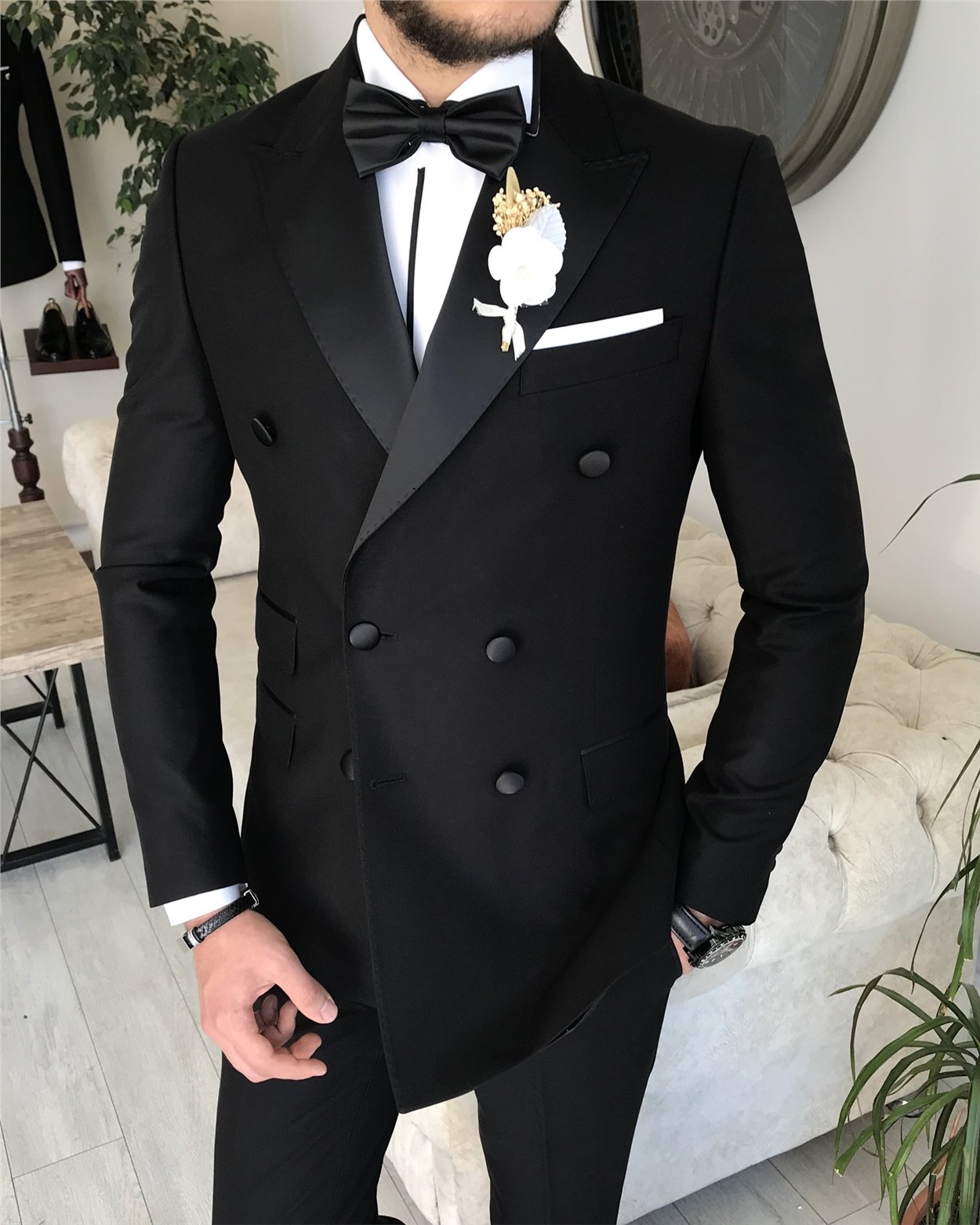 İtalyan kesim slim fit kruvaze   ceket pantolon damatlık set Siyah  T8283